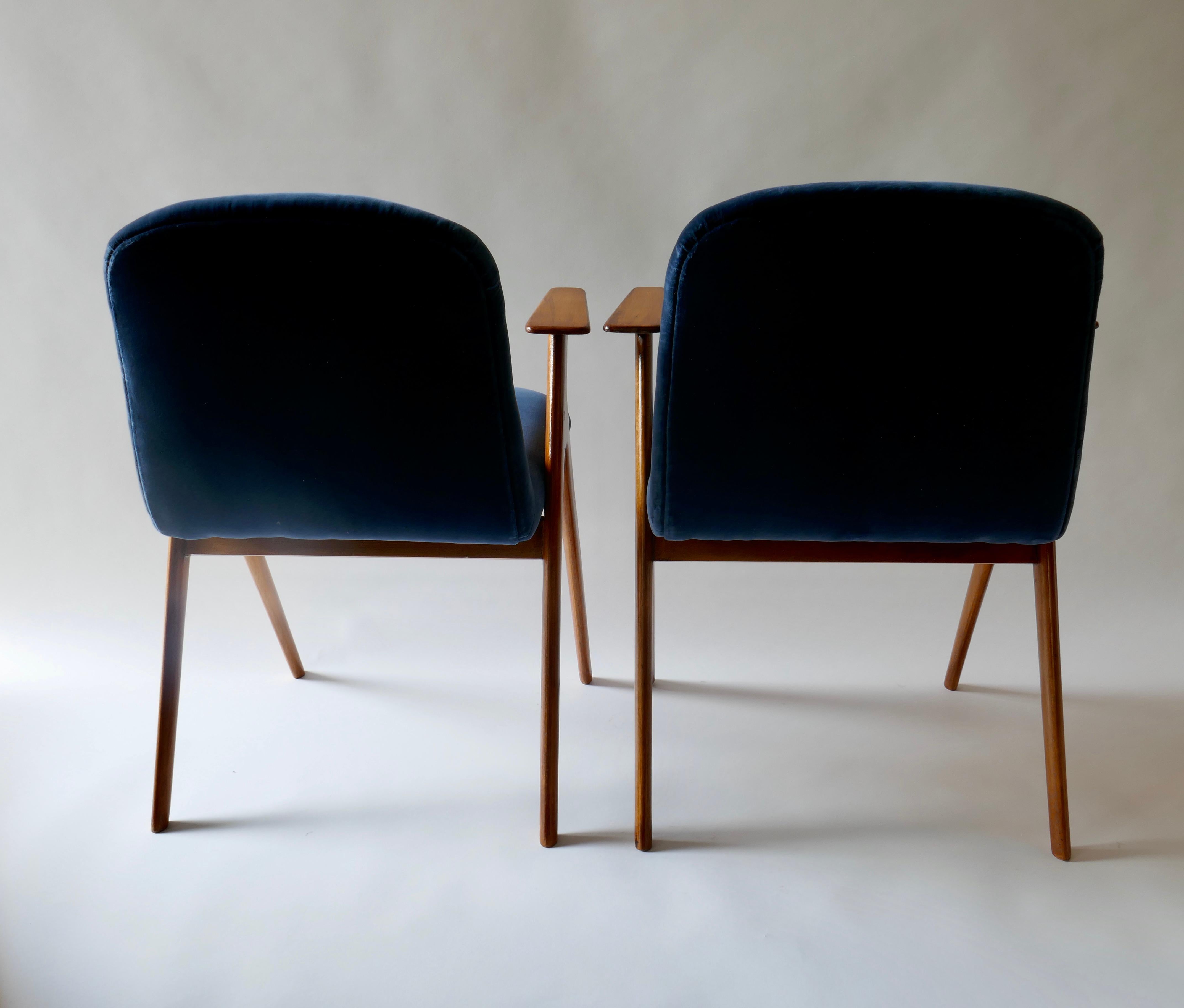 Pair of  Wood and Blue Velvet Armchairs, Italy, 1960s 1
