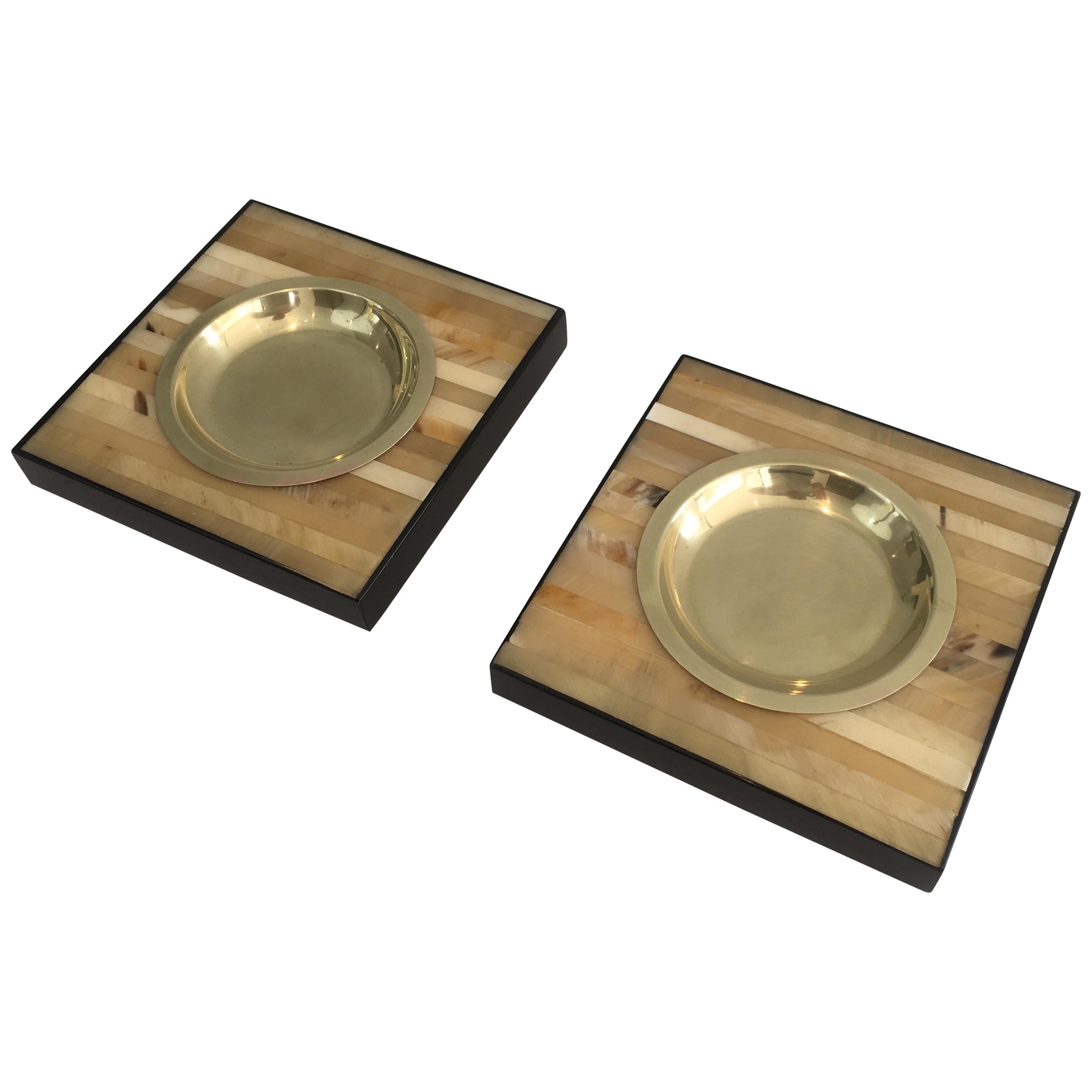 Pair of Wood and Brass Ashtrays or Vide-Poches, Italy, circa 1970