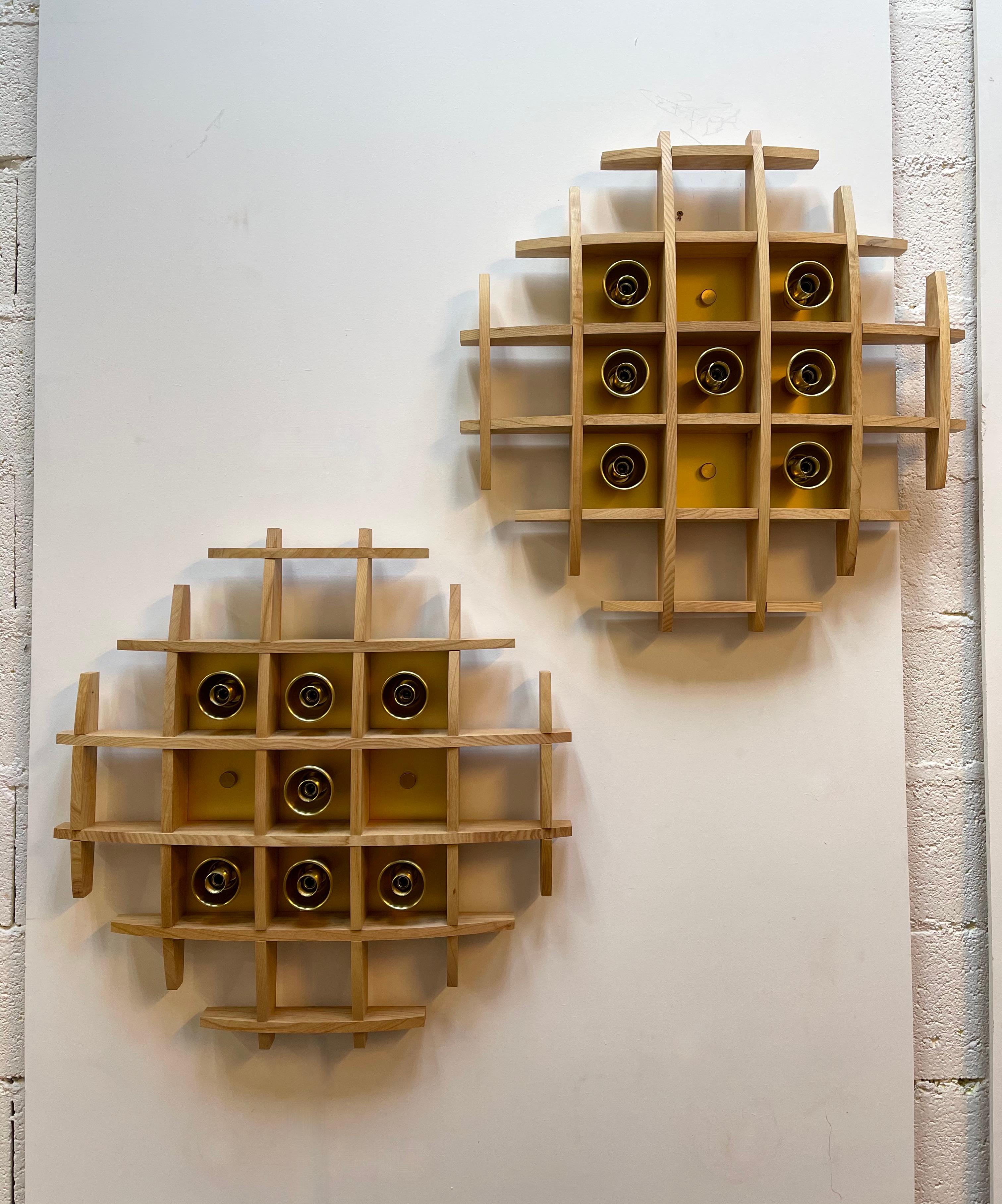 Pair of Wood and Brass Sconces Ceiling by Esperia, Italy, 1970s For Sale 1