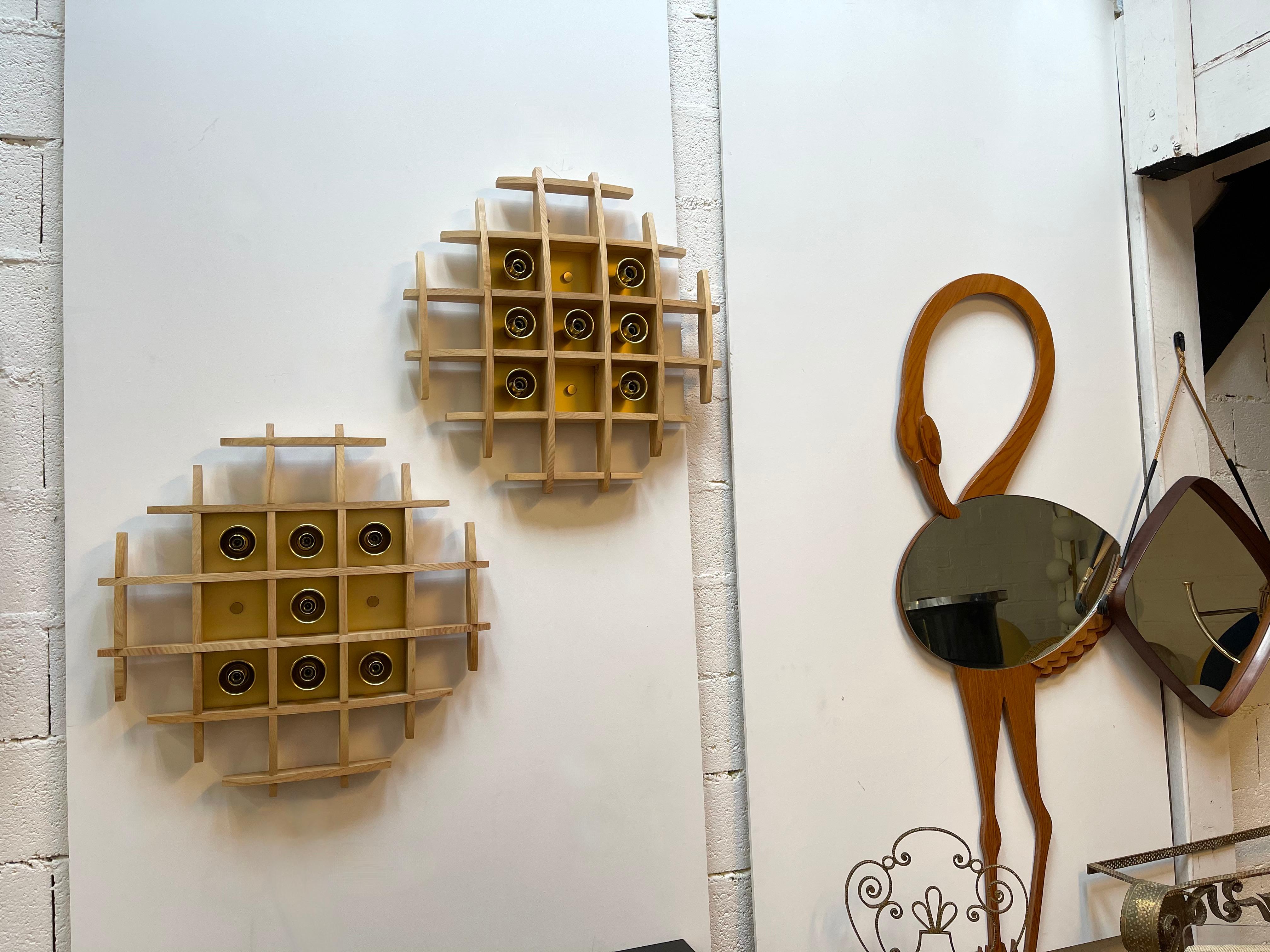 Pair of Wood and Brass Sconces Ceiling by Esperia, Italy, 1970s For Sale 2