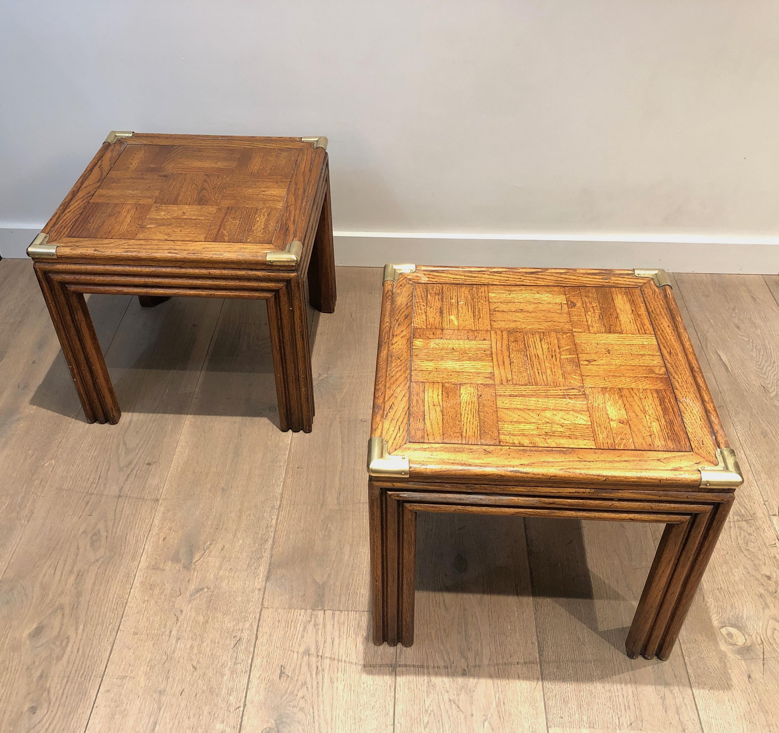 Pair of Wood and Brass Side Tables with Wood Marquetry Tops, French Work 5