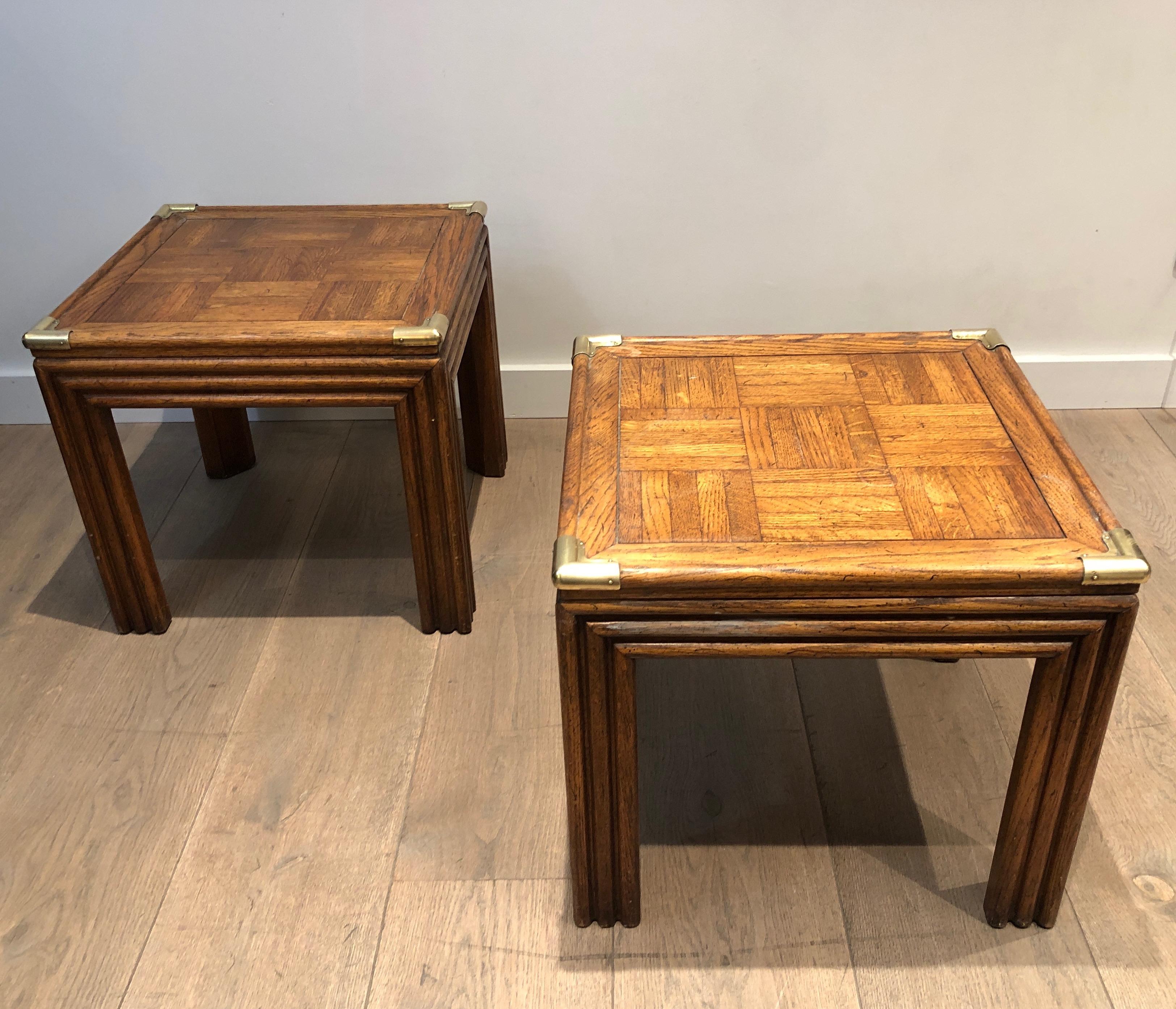 Pair of Wood and Brass Side Tables with Wood Marquetry Tops, French Work 6