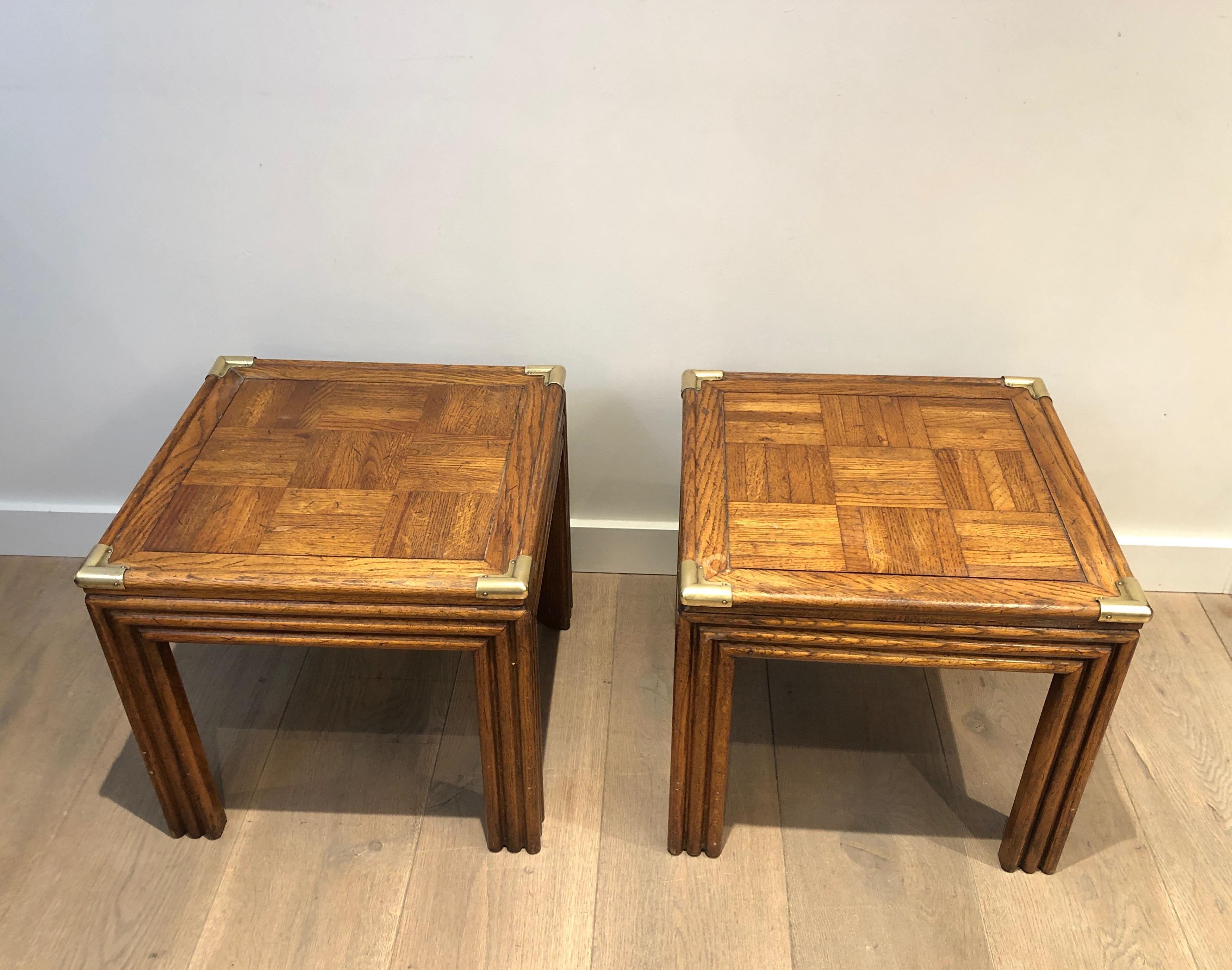 Pair of Wood and Brass Side Tables with Wood Marquetry Tops, French Work 7