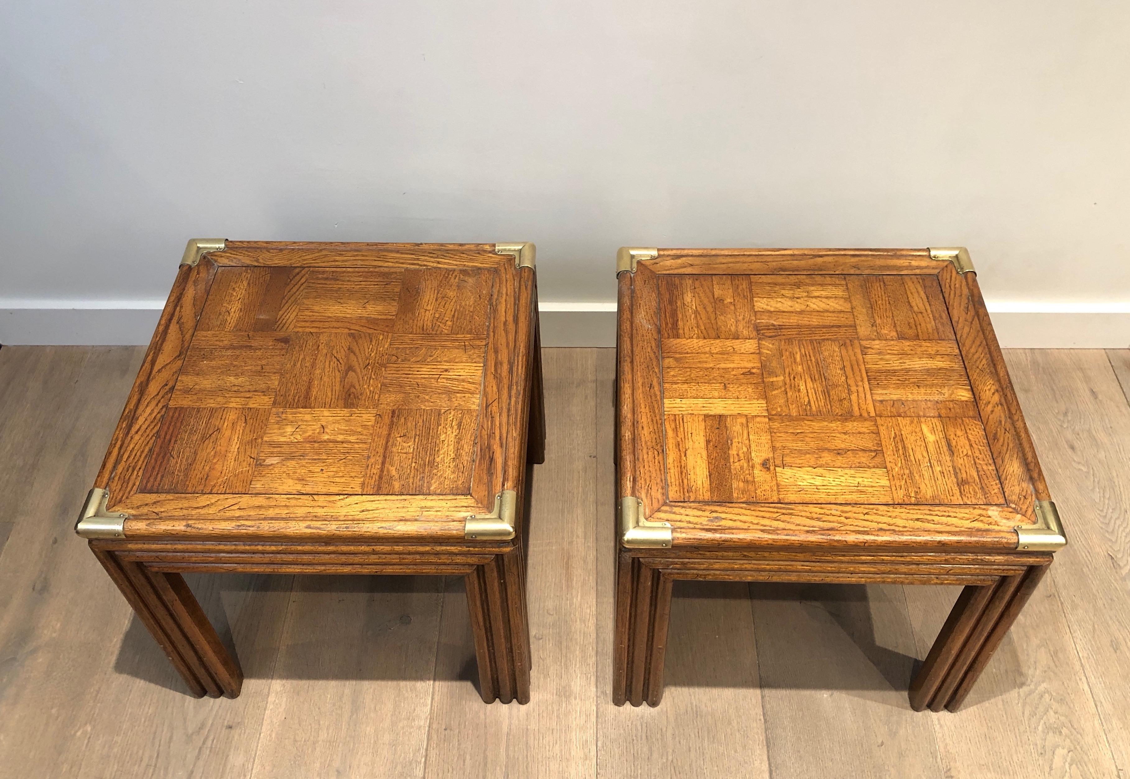 Mid-Century Modern Pair of Wood and Brass Side Tables with Wood Marquetry Tops, French Work