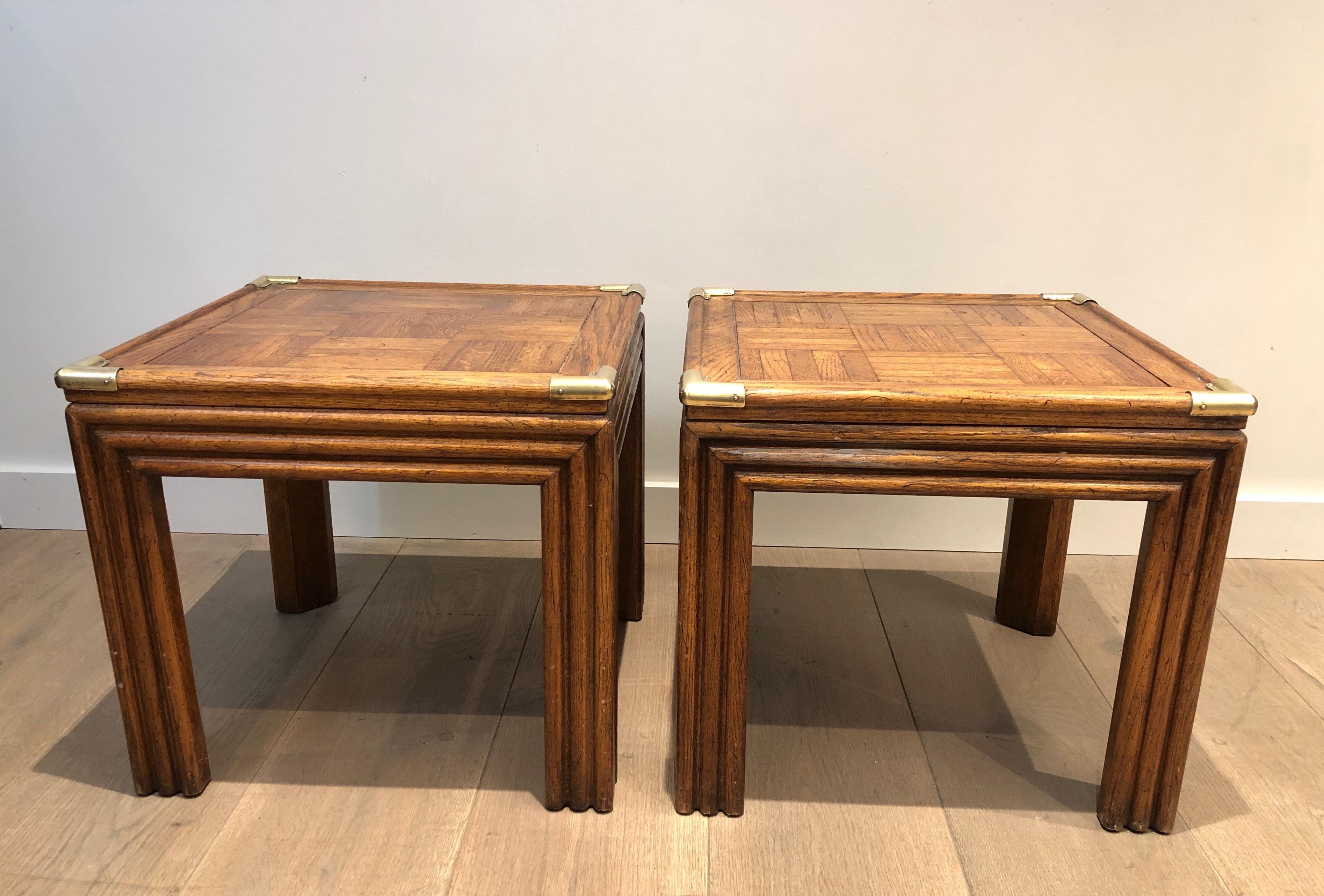 Pair of Wood and Brass Side Tables with Wood Marquetry Tops, French Work In Good Condition In Marcq-en-Barœul, Hauts-de-France
