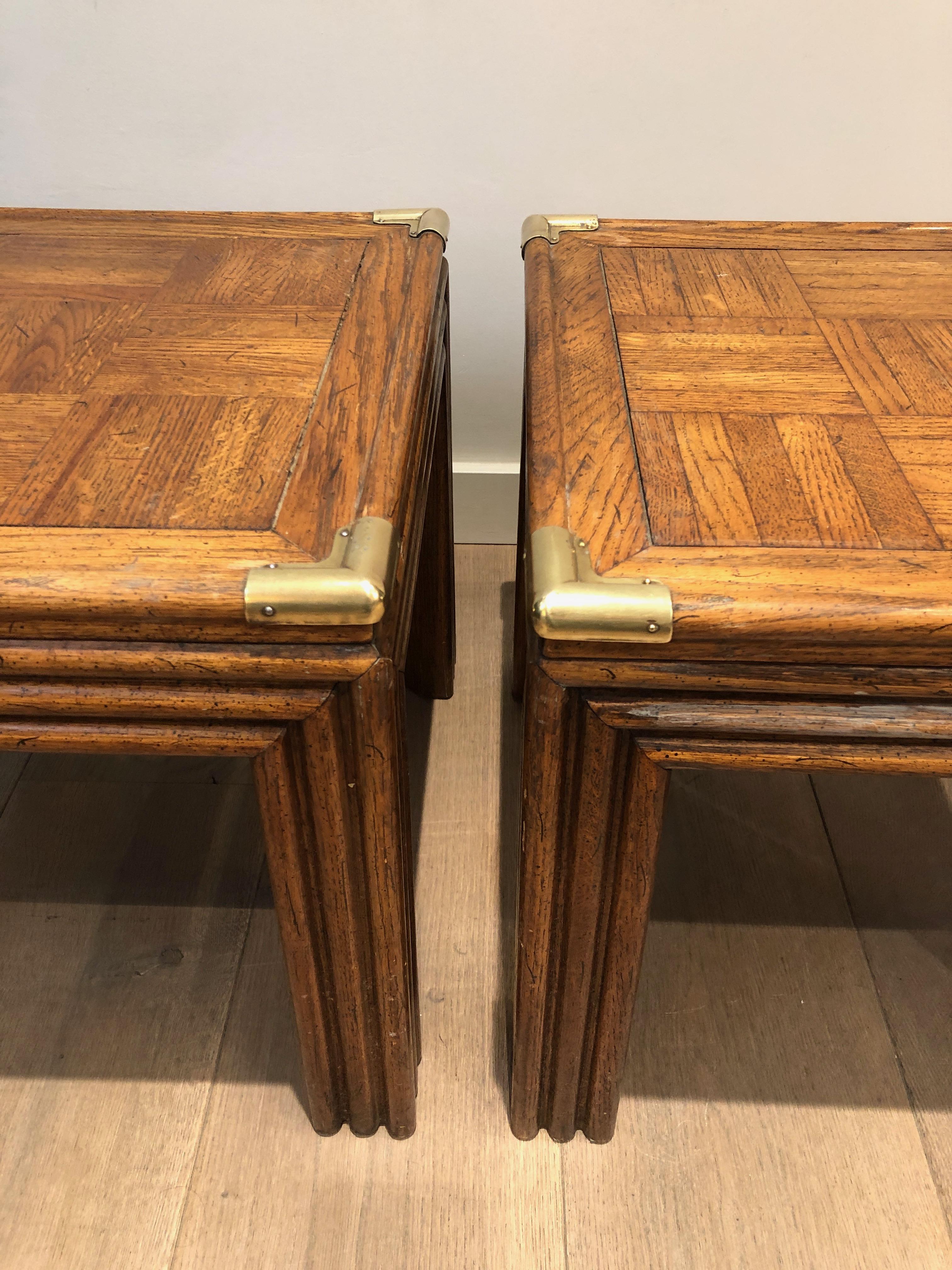 Late 20th Century Pair of Wood and Brass Side Tables with Wood Marquetry Tops, French Work