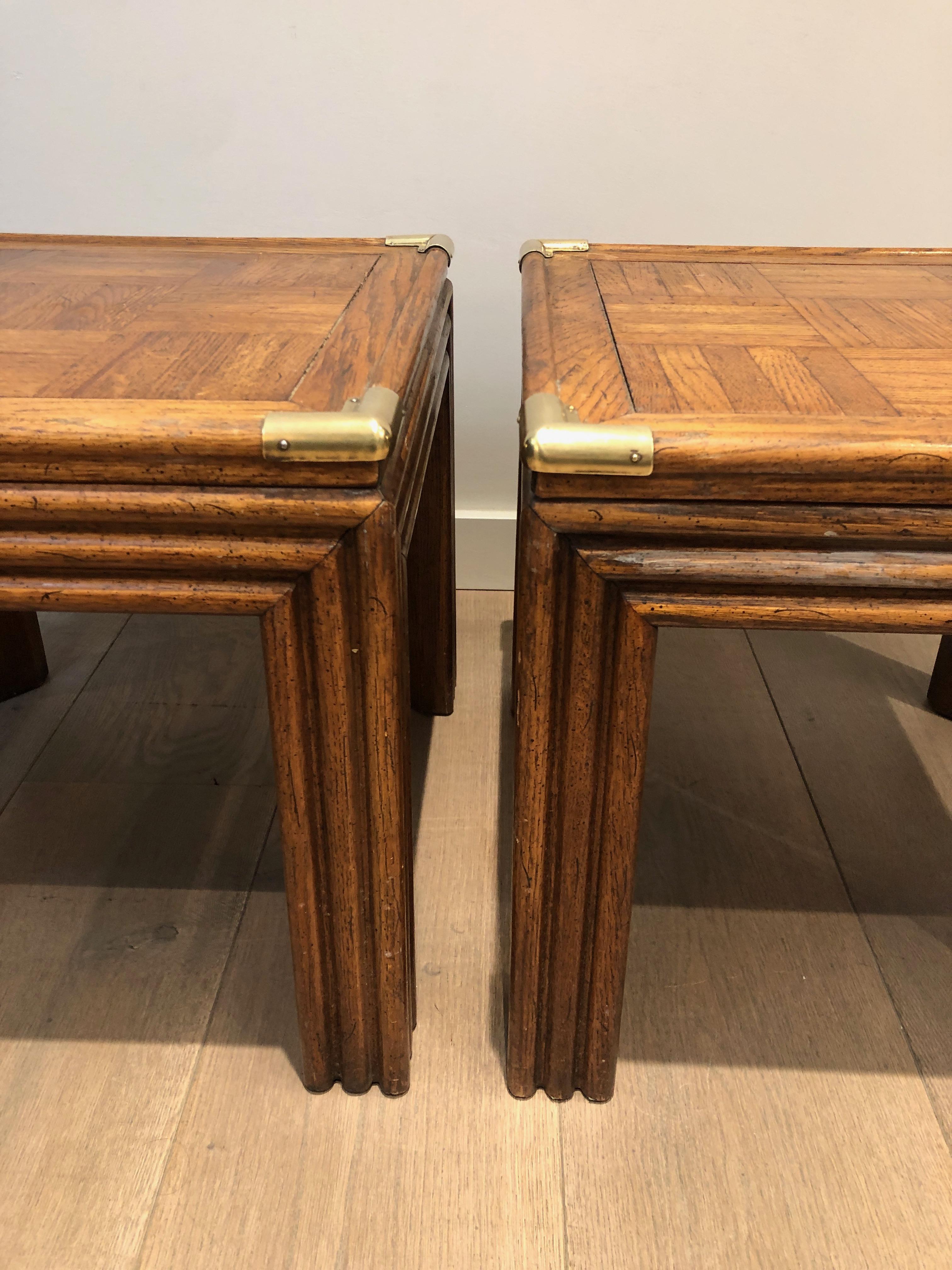 Pair of Wood and Brass Side Tables with Wood Marquetry Tops, French Work 1