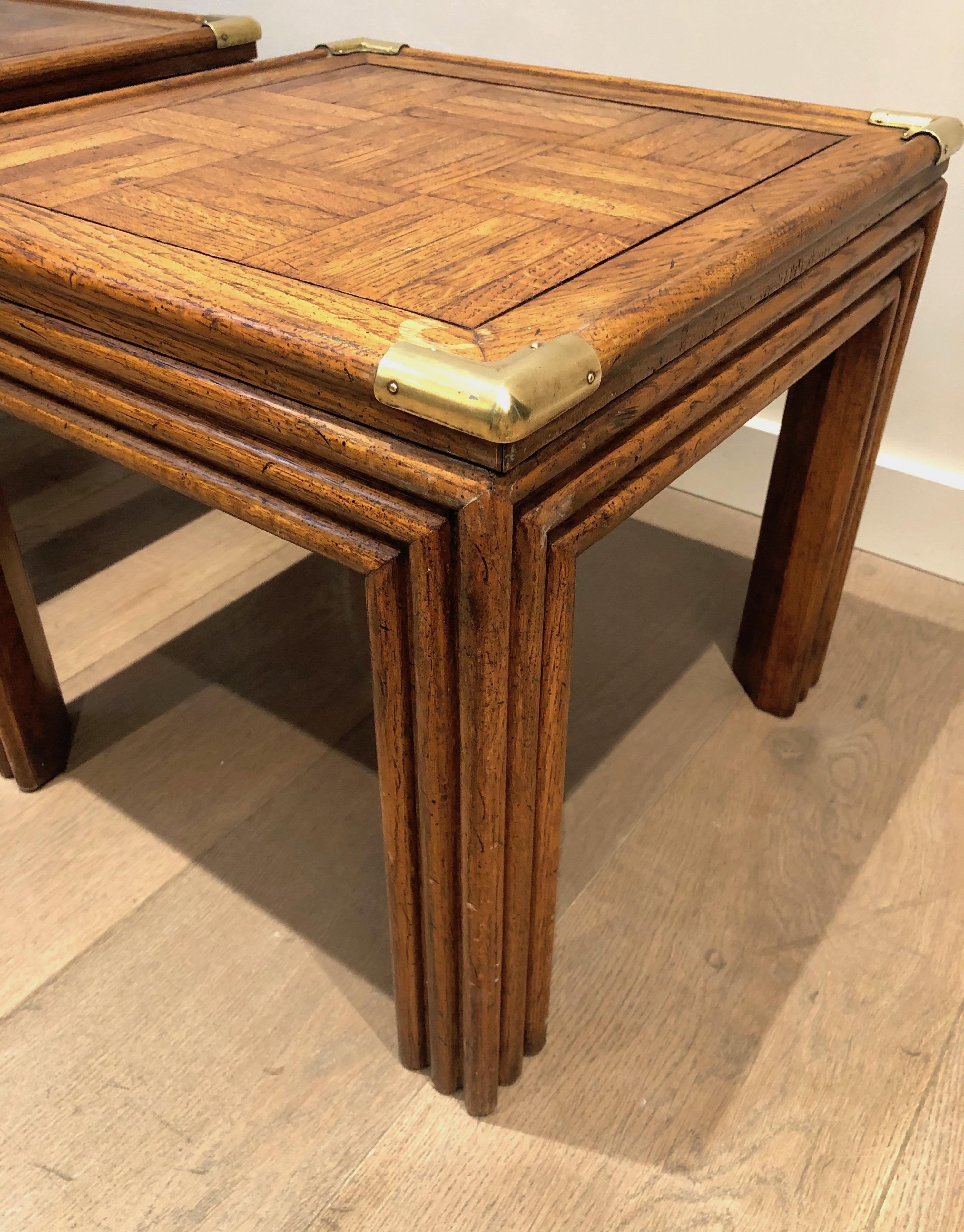 Pair of Wood and Brass Side Tables with Wood Marquetry Tops, French Work 2