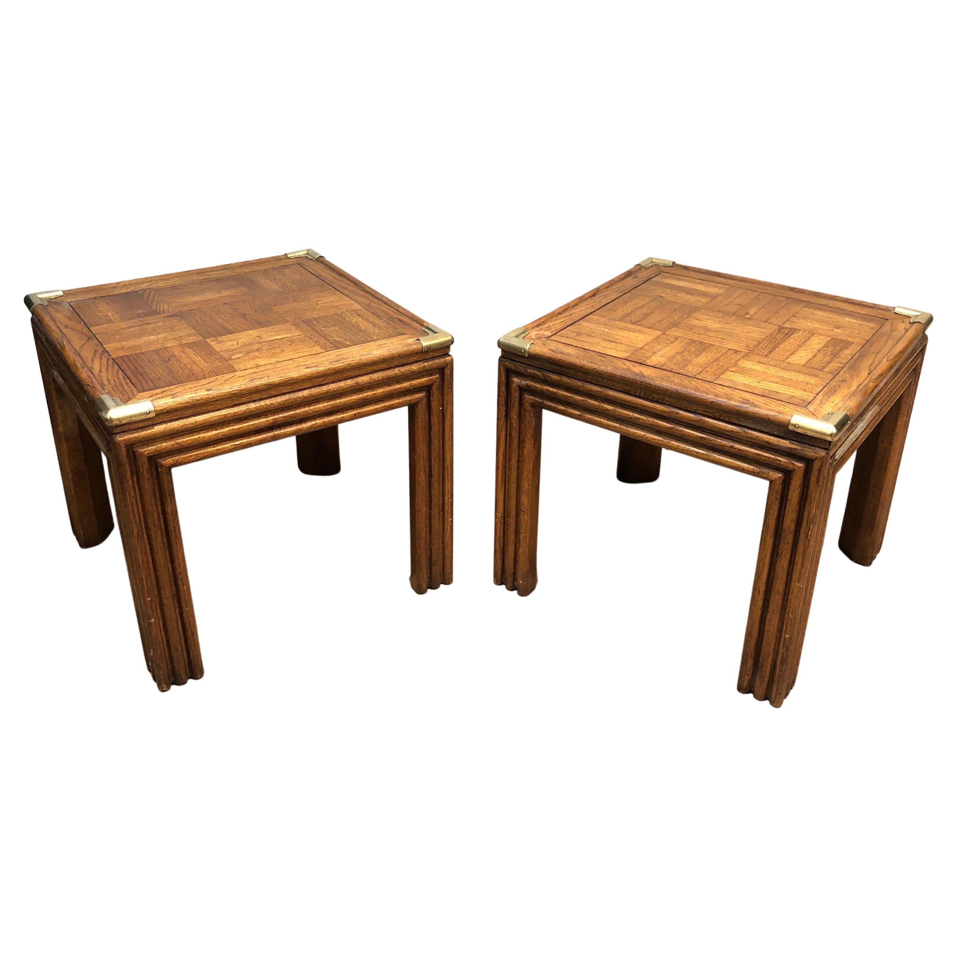 Pair of Wood and Brass Side Tables with Wood Marquetry Tops, French Work