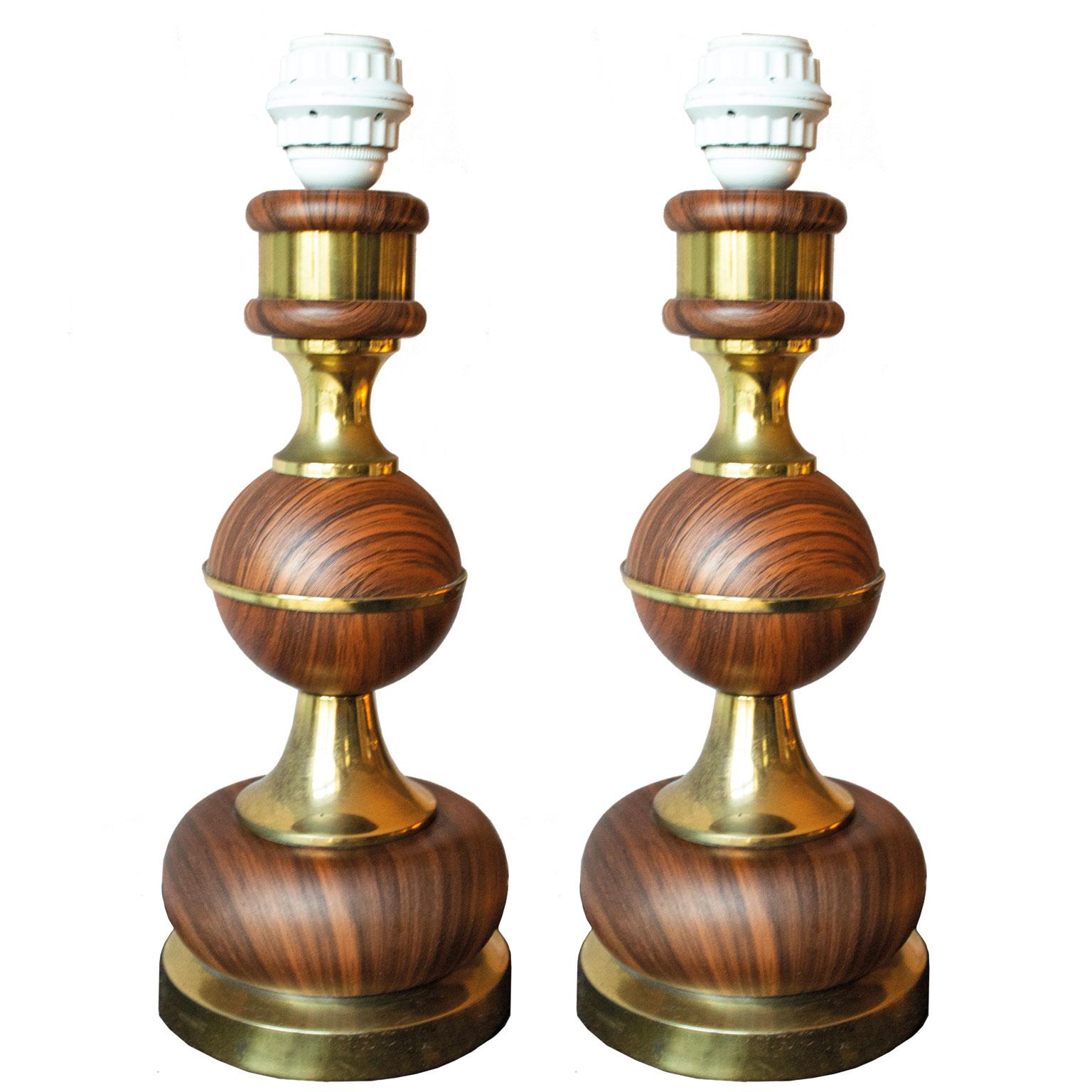Pair of Wood and Brass Table Lamps from Sweden For Sale