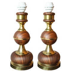 Pair of Wood and Brass Table Lamps from Sweden