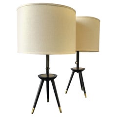 Pair of Wood and Brass Tripod Table Lamps