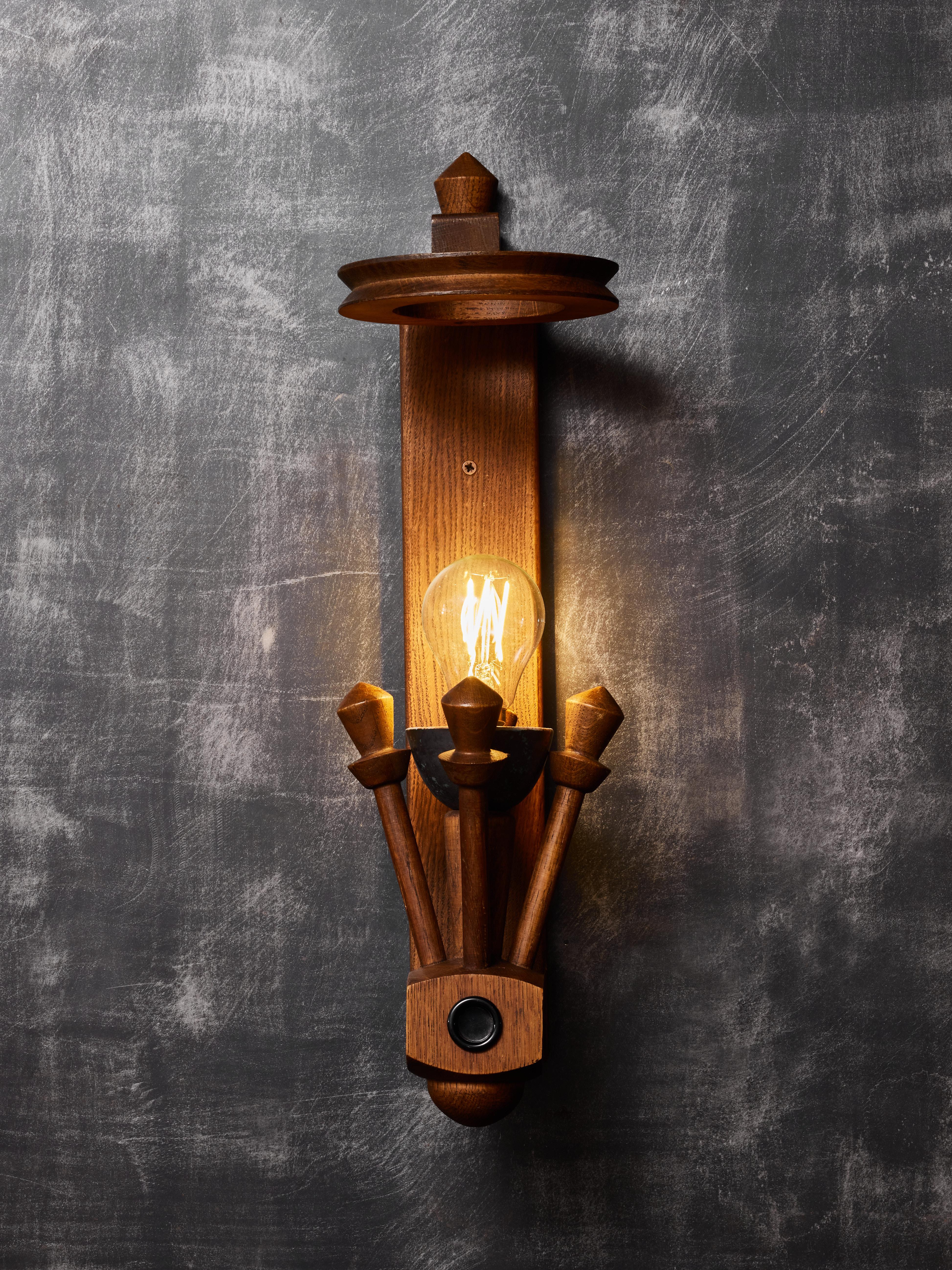 French Pair of Wood and Ceramic Wall Sconces by Guillerme et Chambron