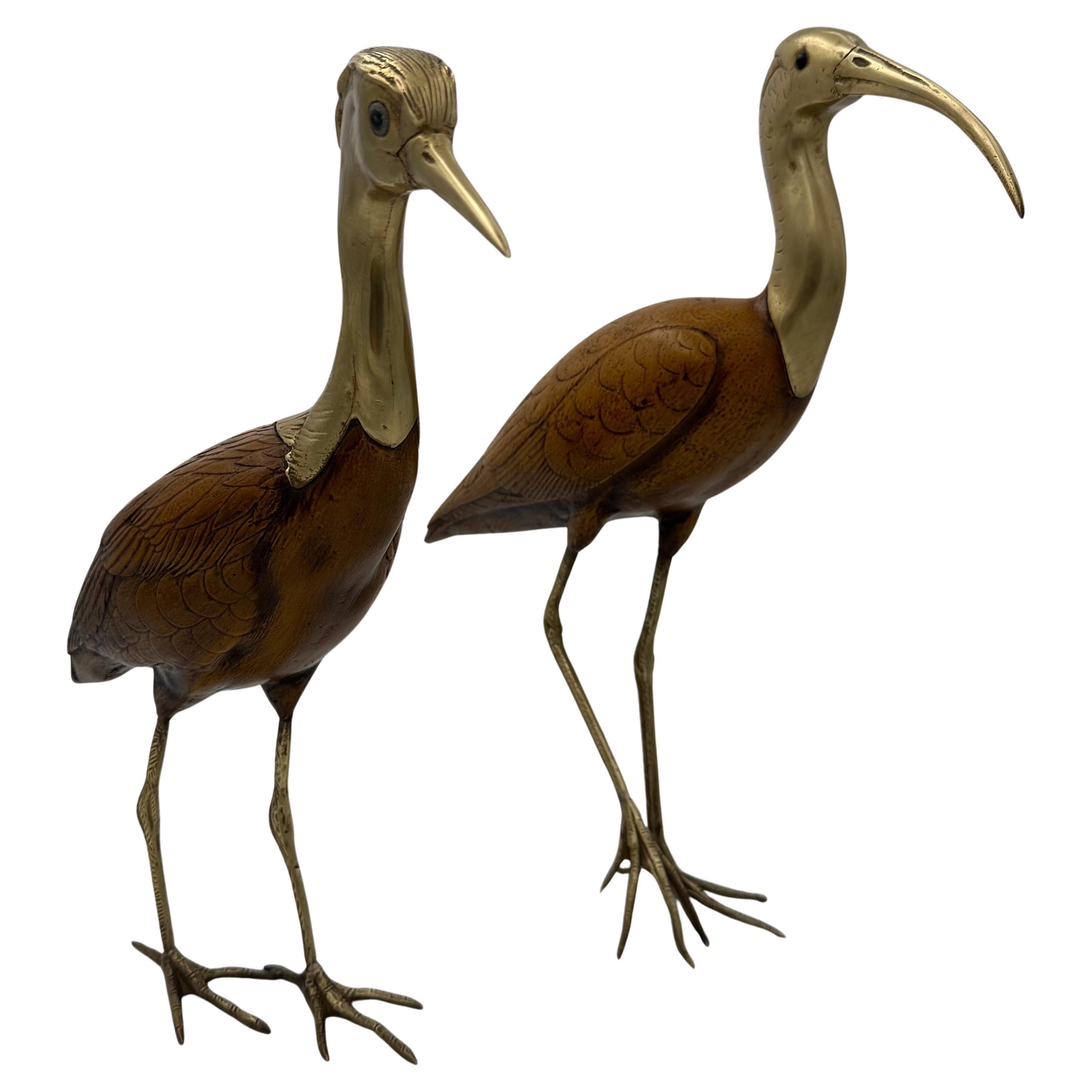 Pair of Wood and Chiseled Brass Birds with Glass Eyes