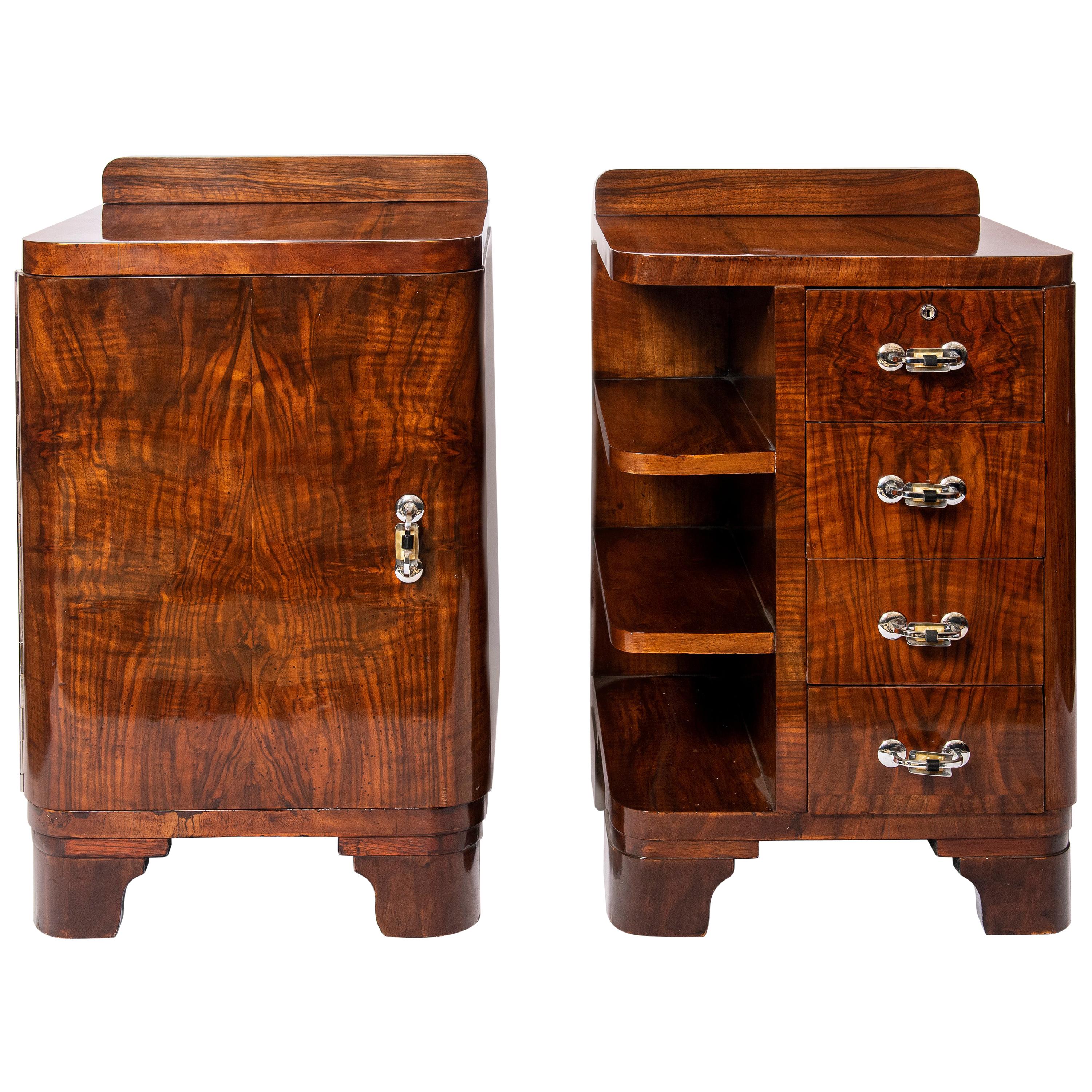 Pair of Wood and Chrome Metal Nightstands, Art Deco Period, France, circa 1940 For Sale