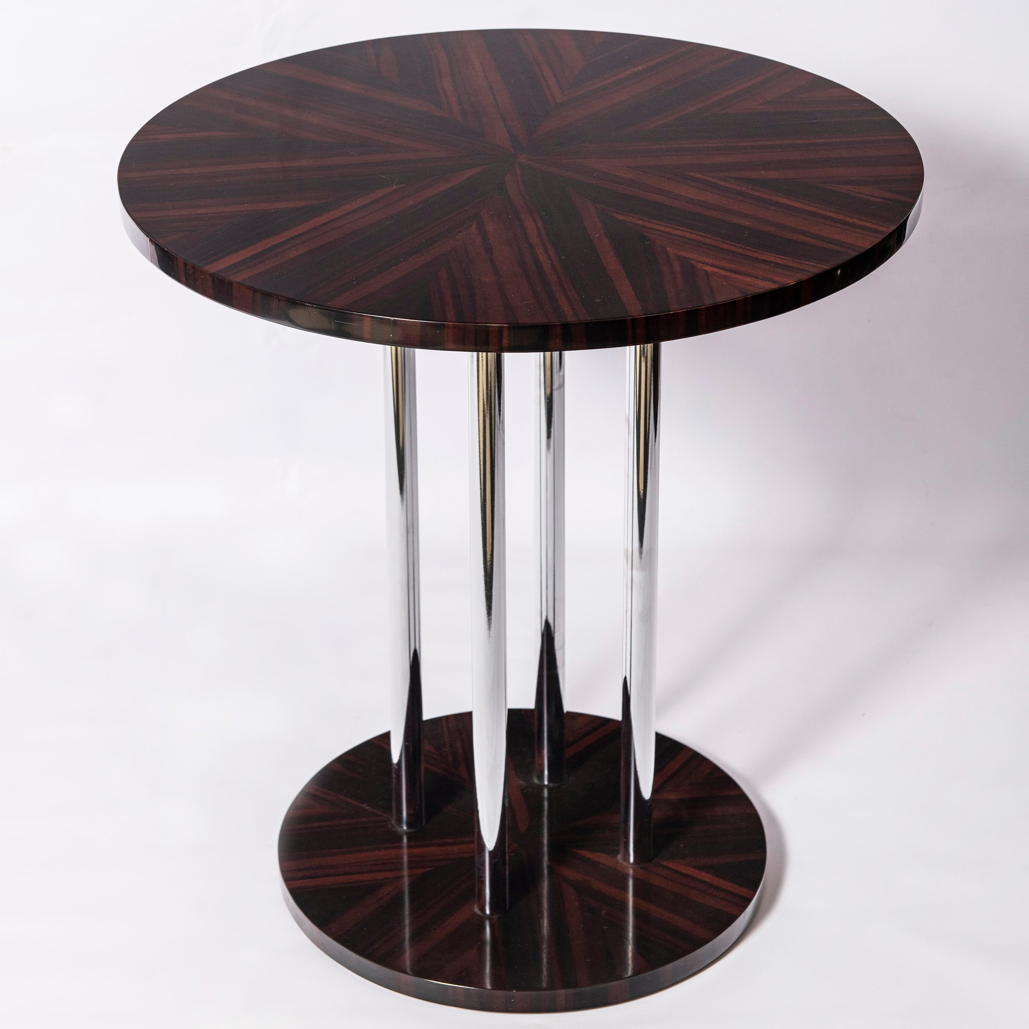 Pair of wood and chrome metal side tables. Art Deco period. France, circa 1940.