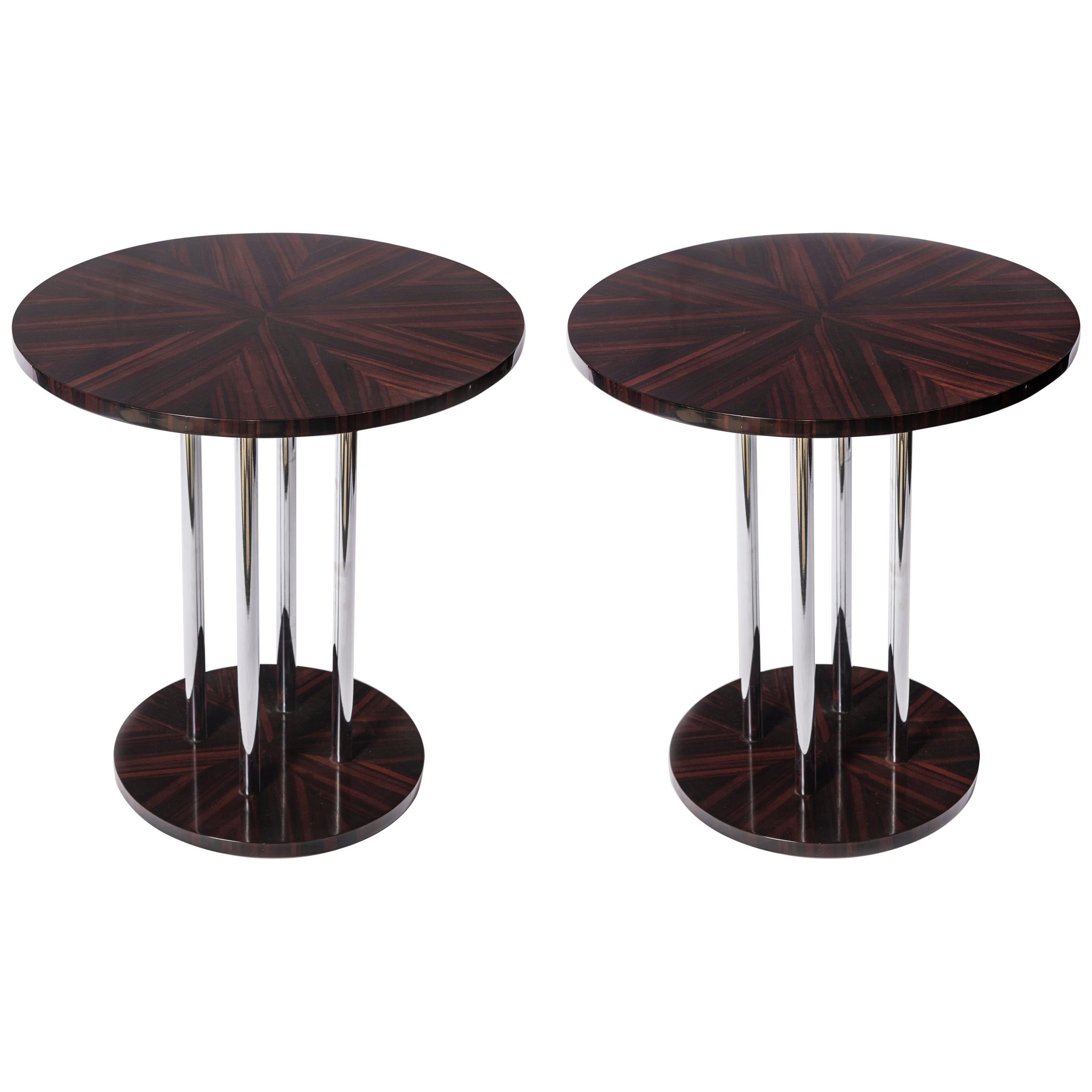Pair of Wood and Chrome Metal Side Tables, Art Deco Period, France, circa 1940 For Sale