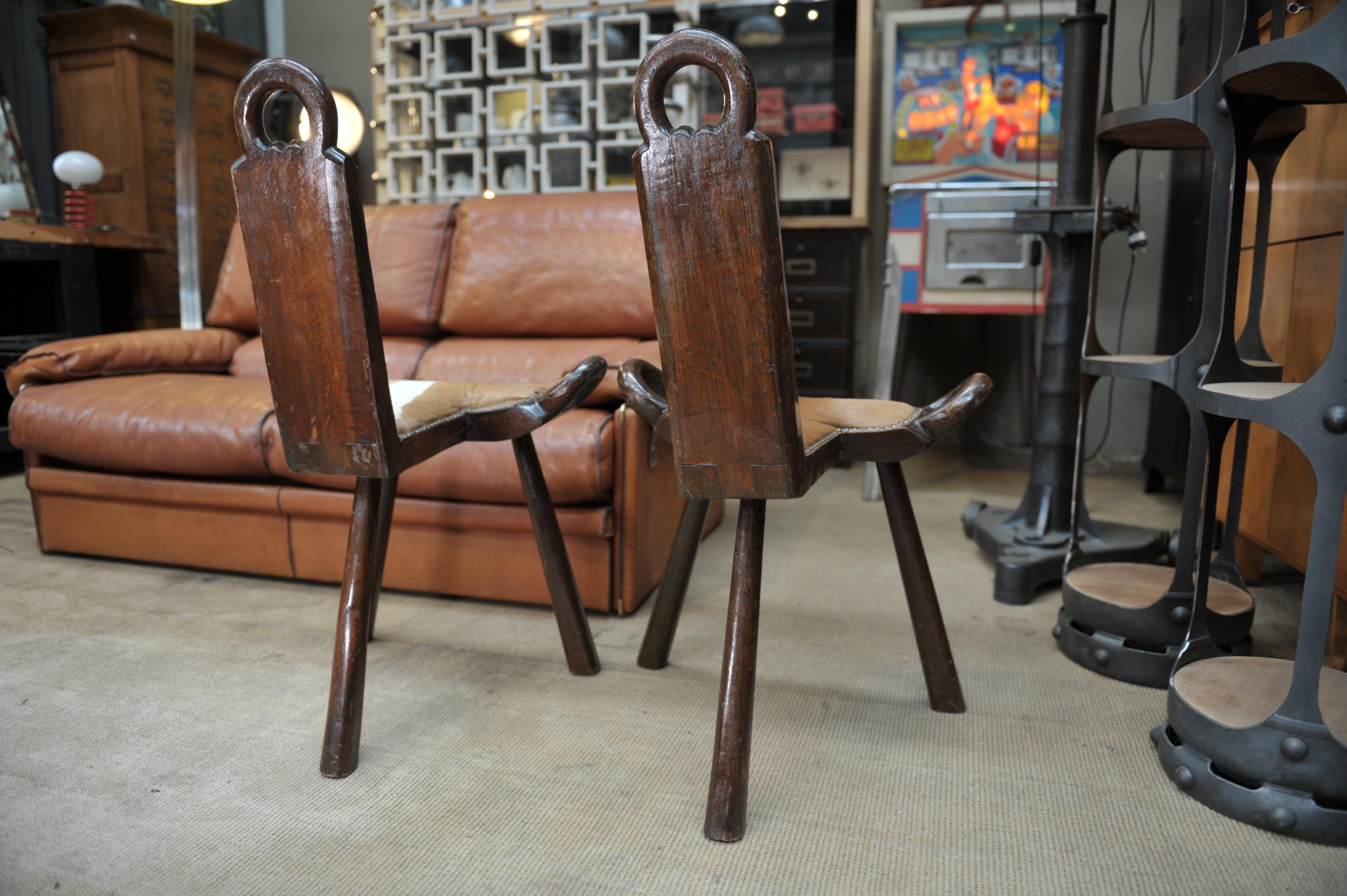 Pair of Wood and Cow Skin Chairs, France, circa 1960 3