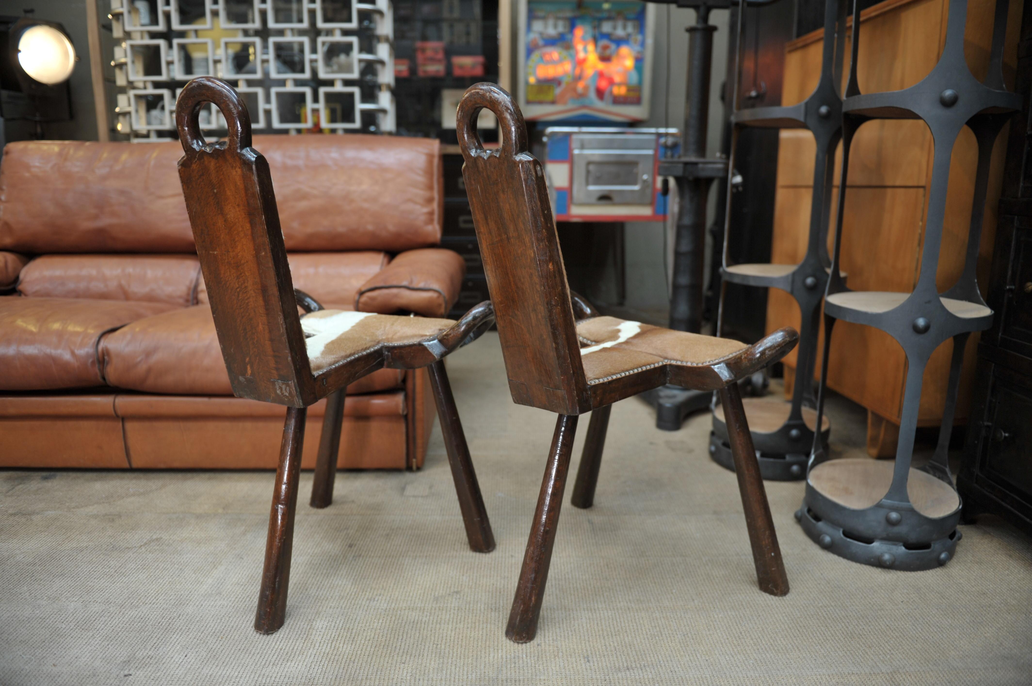 Pair of Wood and Cow Skin Chairs, France, circa 1960 4