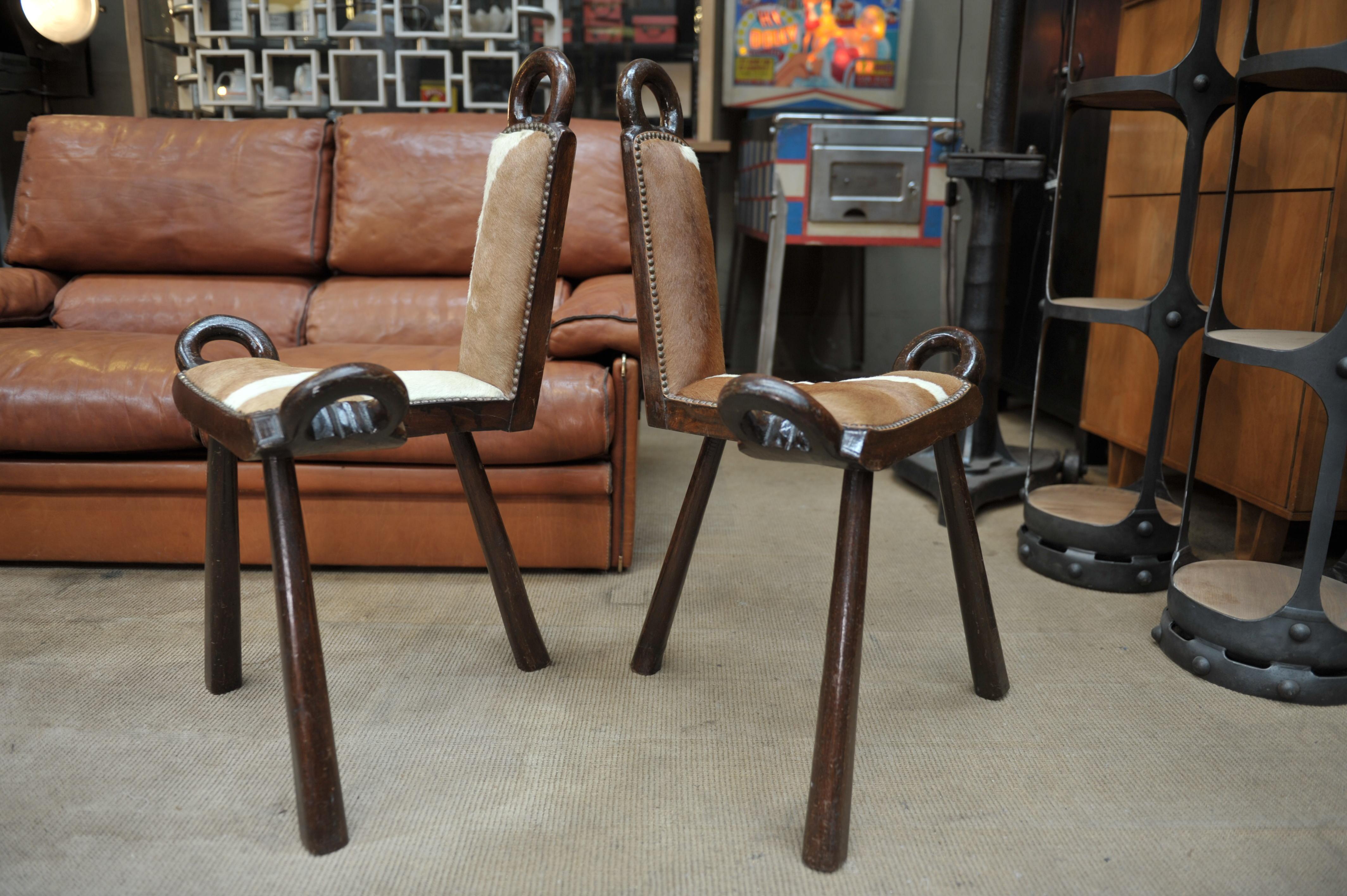 Mid-20th Century Pair of Wood and Cow Skin Chairs, France, circa 1960
