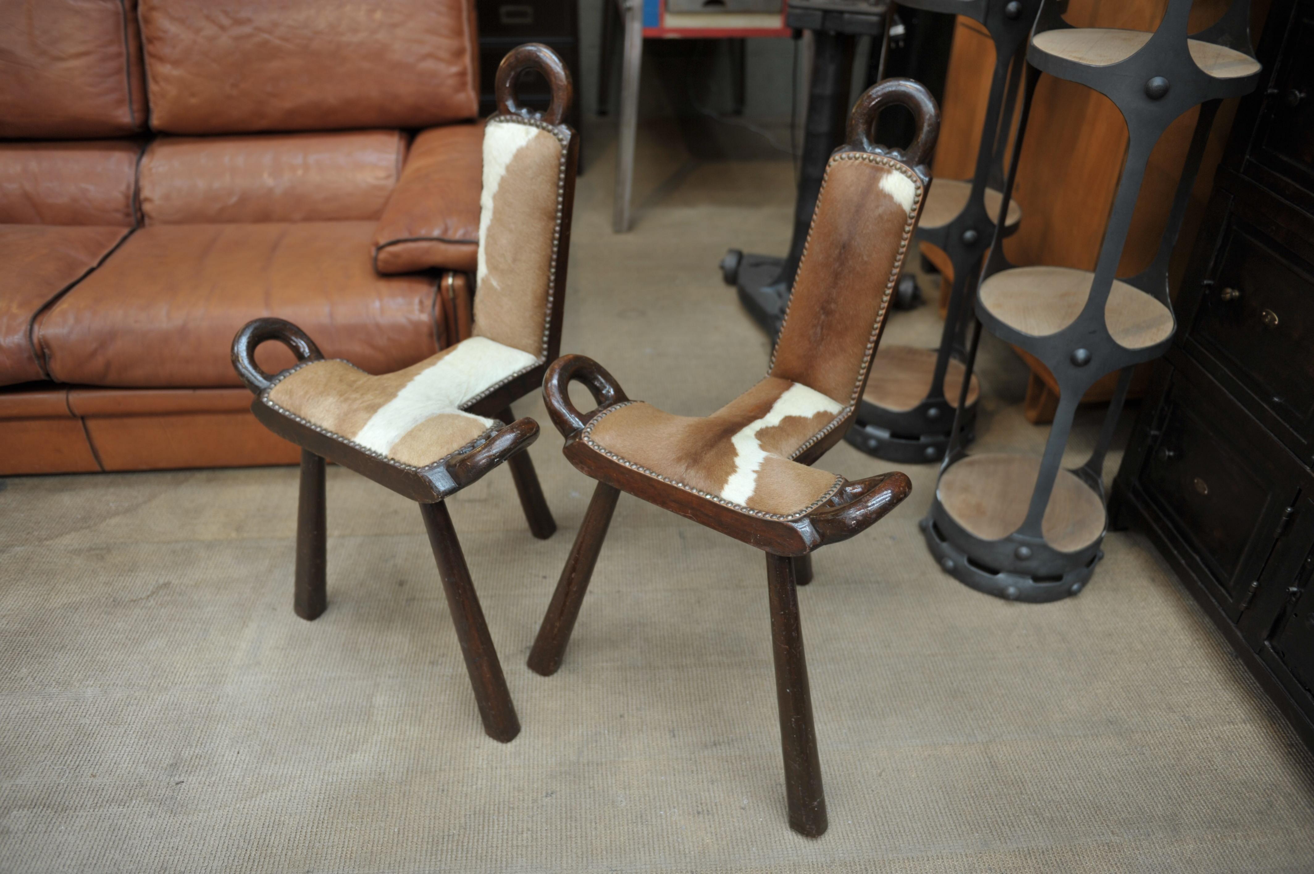 Animal Skin Pair of Wood and Cow Skin Chairs, France, circa 1960