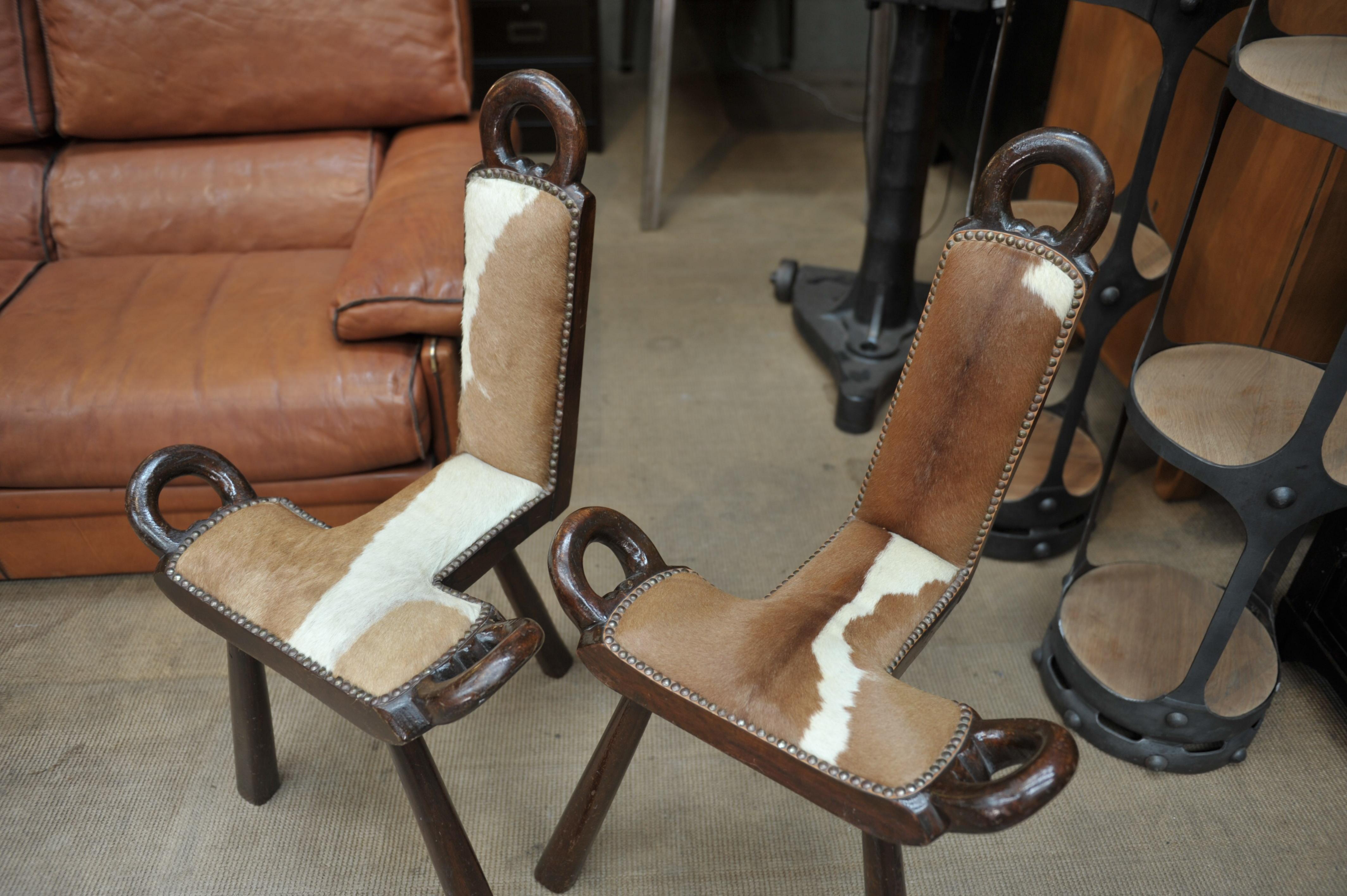 Pair of Wood and Cow Skin Chairs, France, circa 1960 1