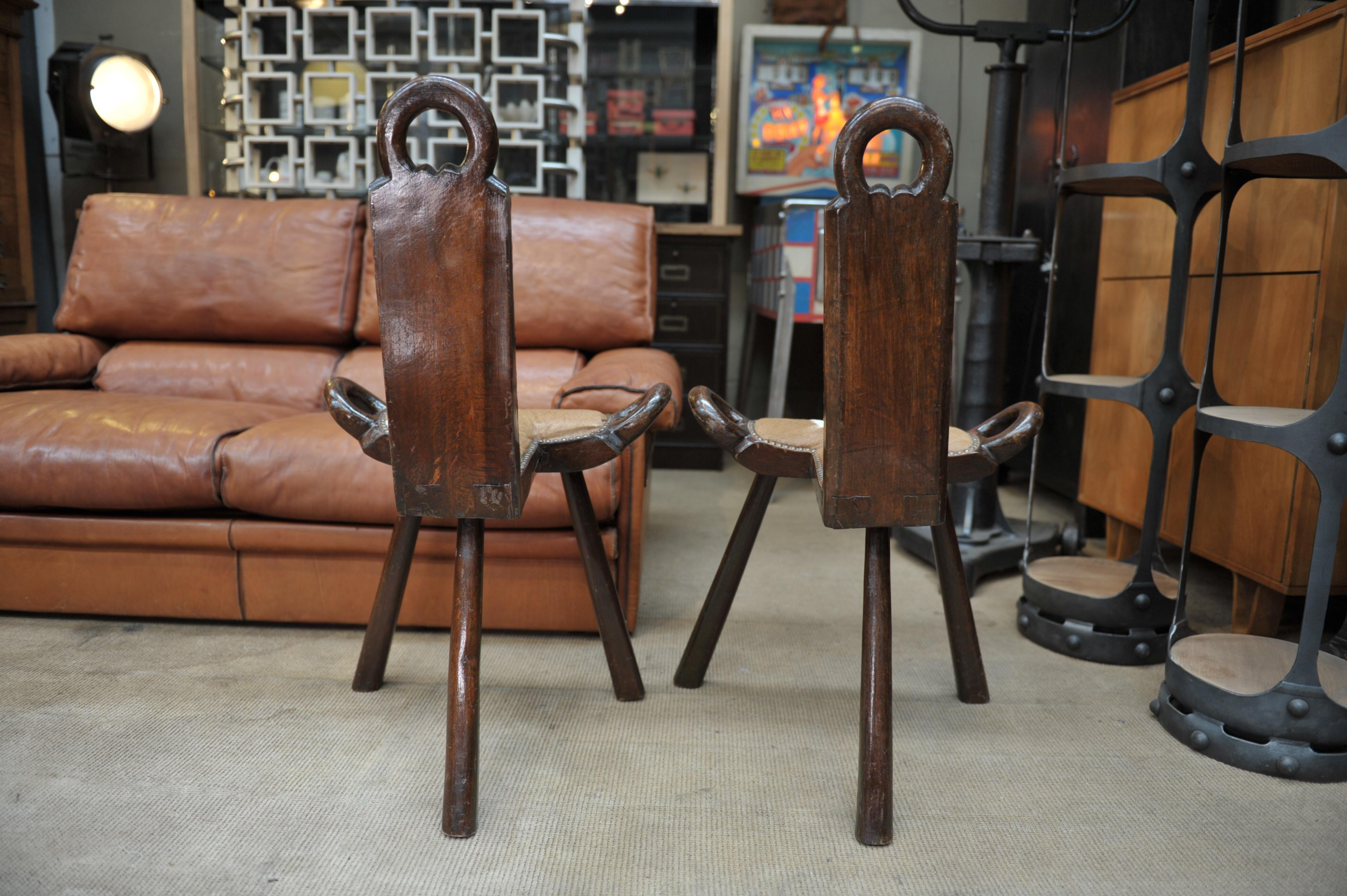 Pair of Wood and Cow Skin Chairs, France, circa 1960 2