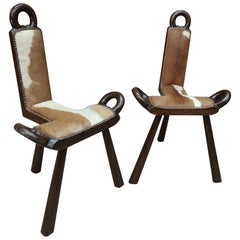 Pair of Wood and Cow Skin Chairs, France, circa 1960