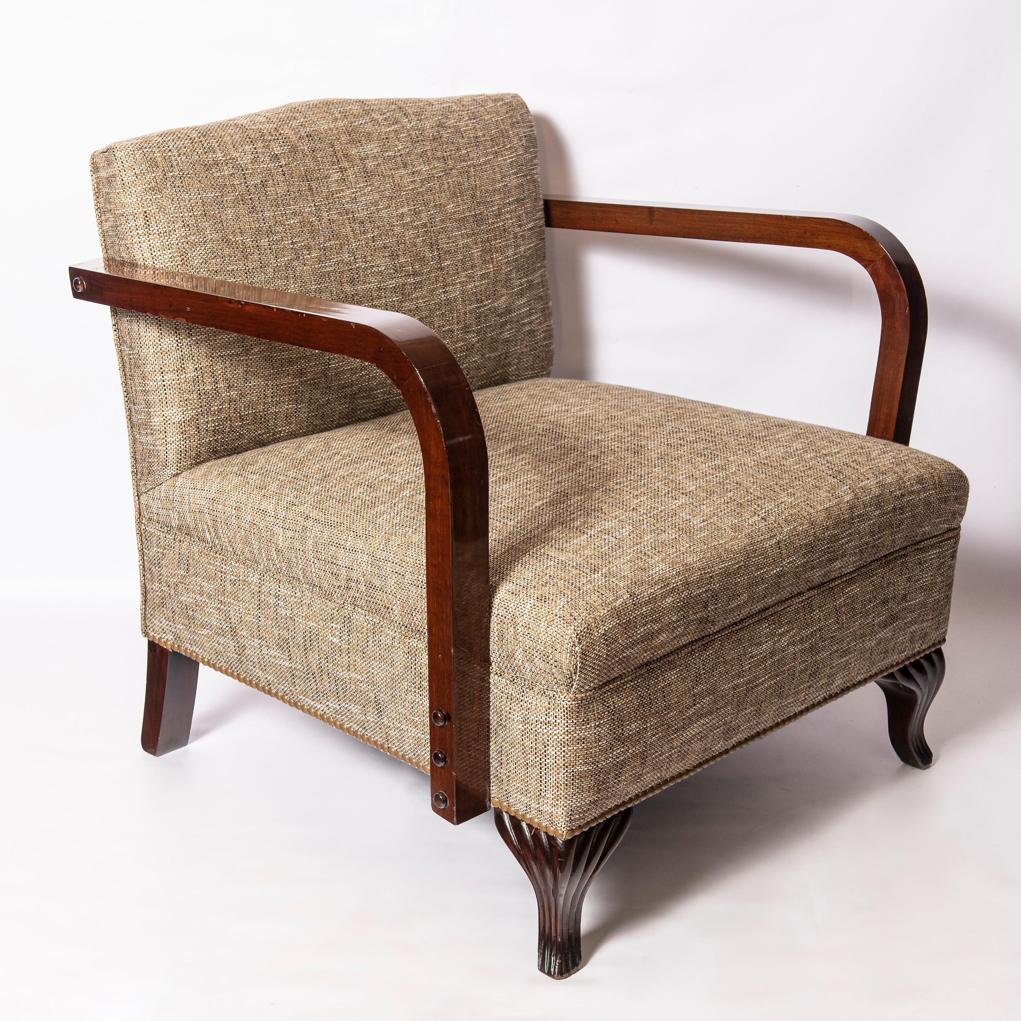 French Pair of Wood and Fabric Armchairs, Art Deco Period, France, circa 1940 For Sale