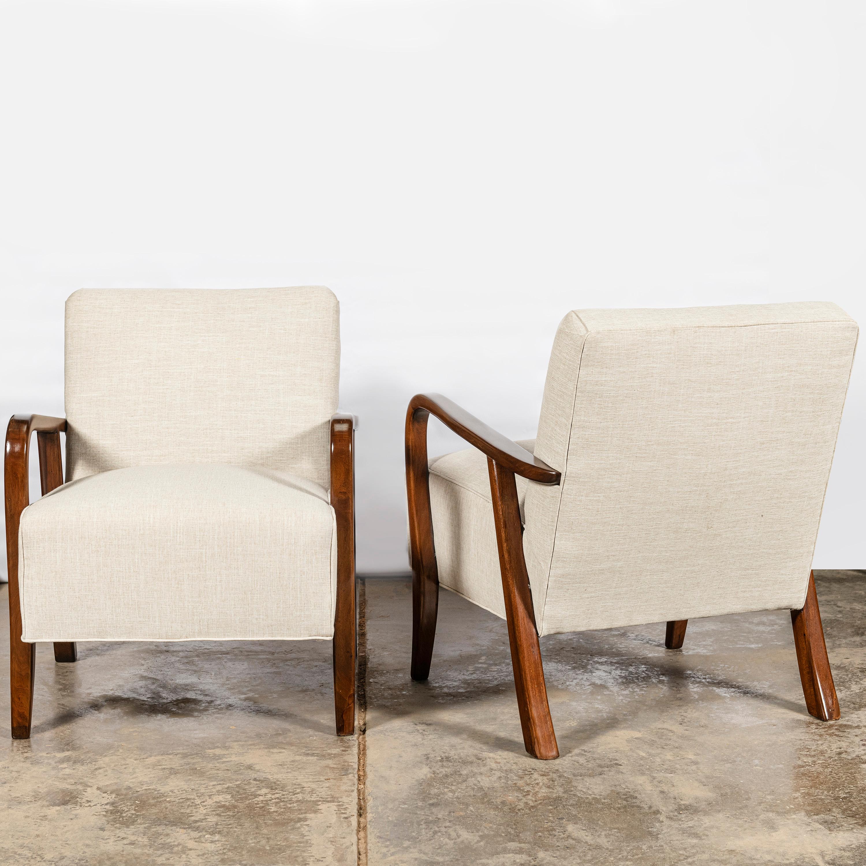 Mid-Century Modern Pair of Wood and Fabric Armchairs by Nordiska, Argentina, circa 1950 For Sale