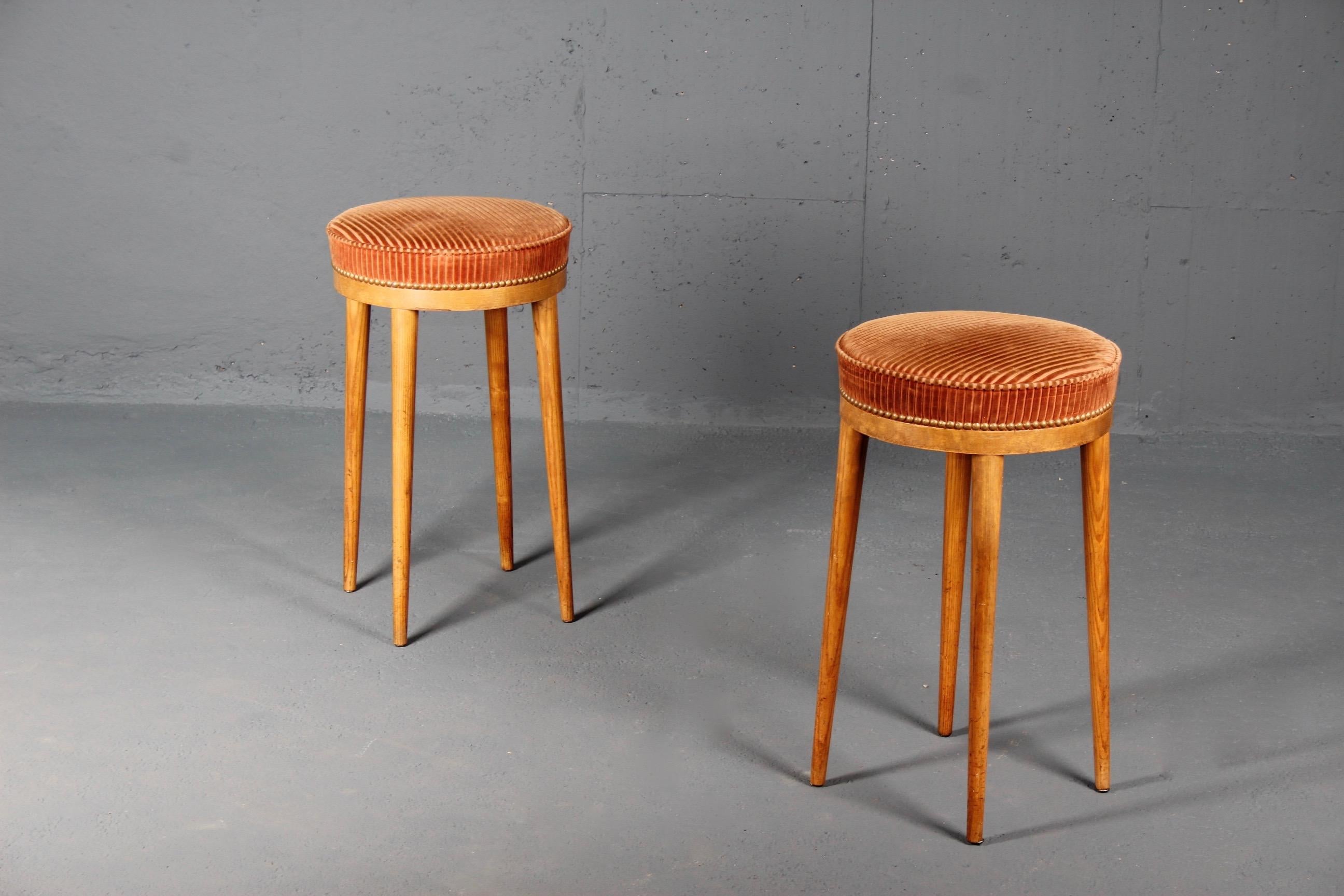 Pair of wood and fabric stools.