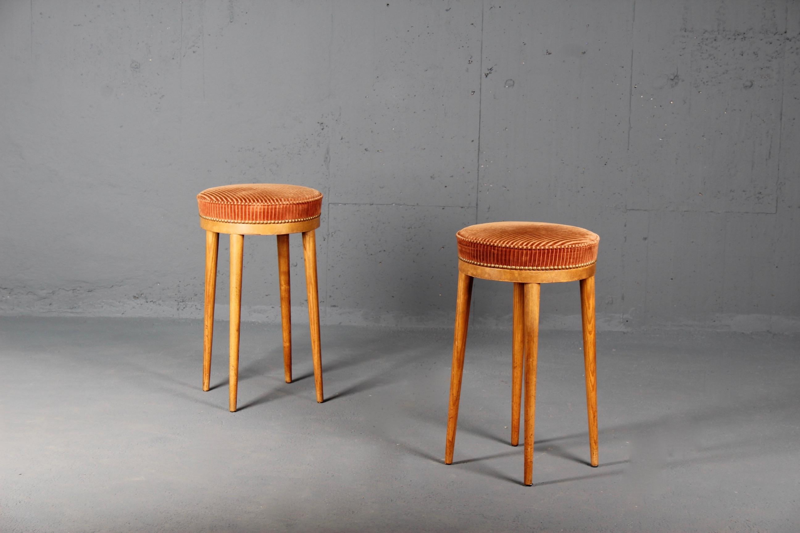 French Pair of Wood and Fabric Stools