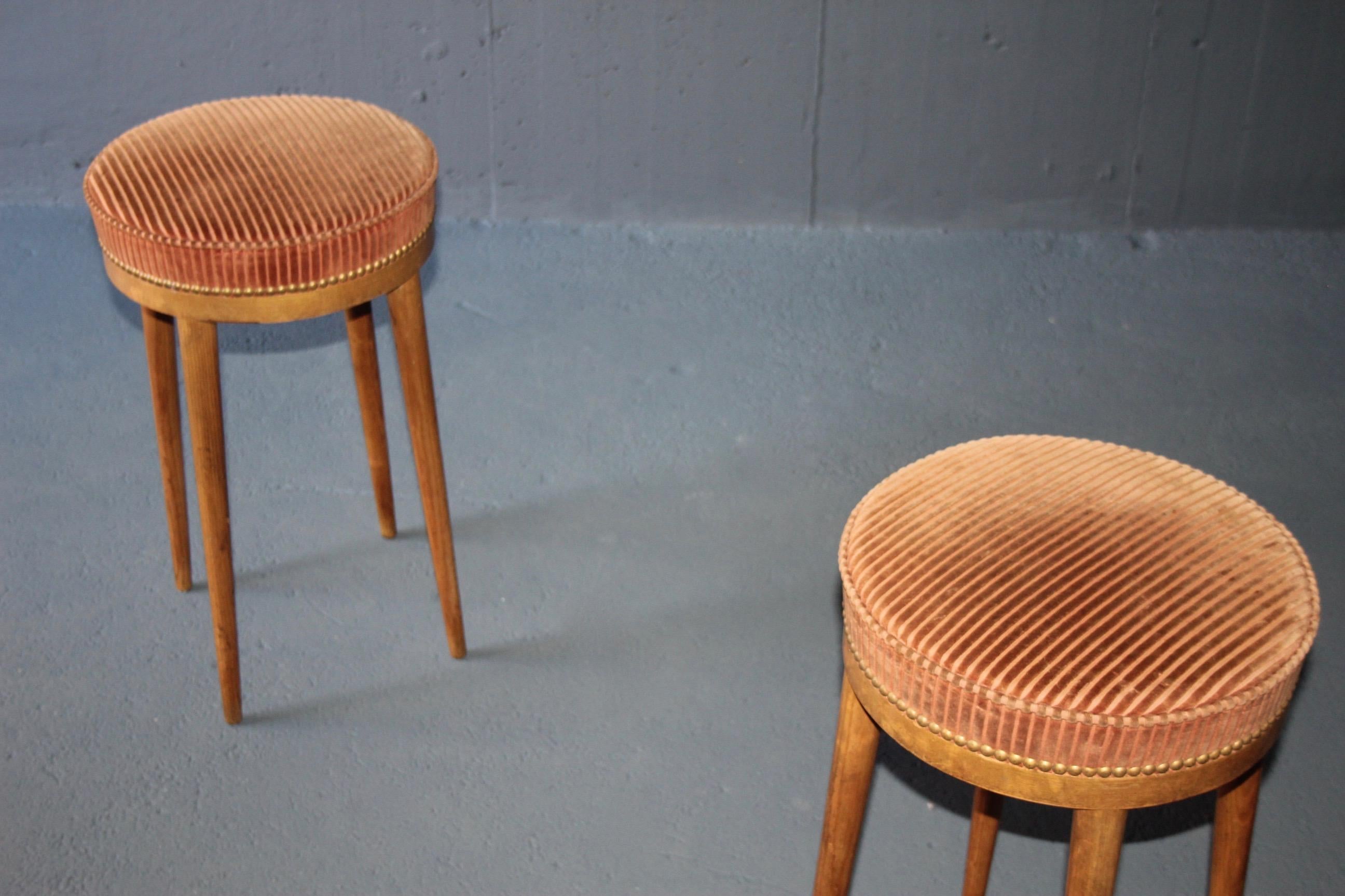 Mid-20th Century Pair of Wood and Fabric Stools