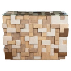 Pair of wood and faux shagreen consoles