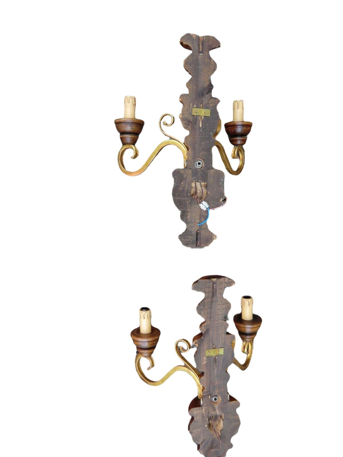 Pair of Wood and Gild Rustic Sconces Wood, 1960s, Germany For Sale 4