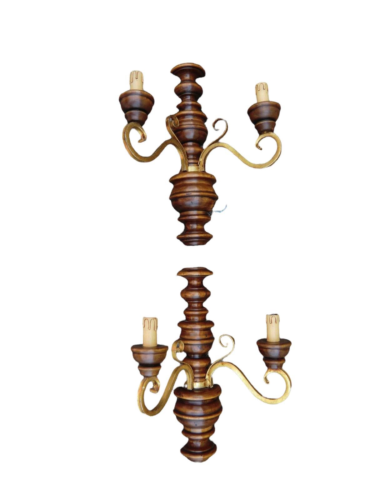 Pair of Wood and Gild Rustic Sconces Wood, 1960s, Germany For Sale 5