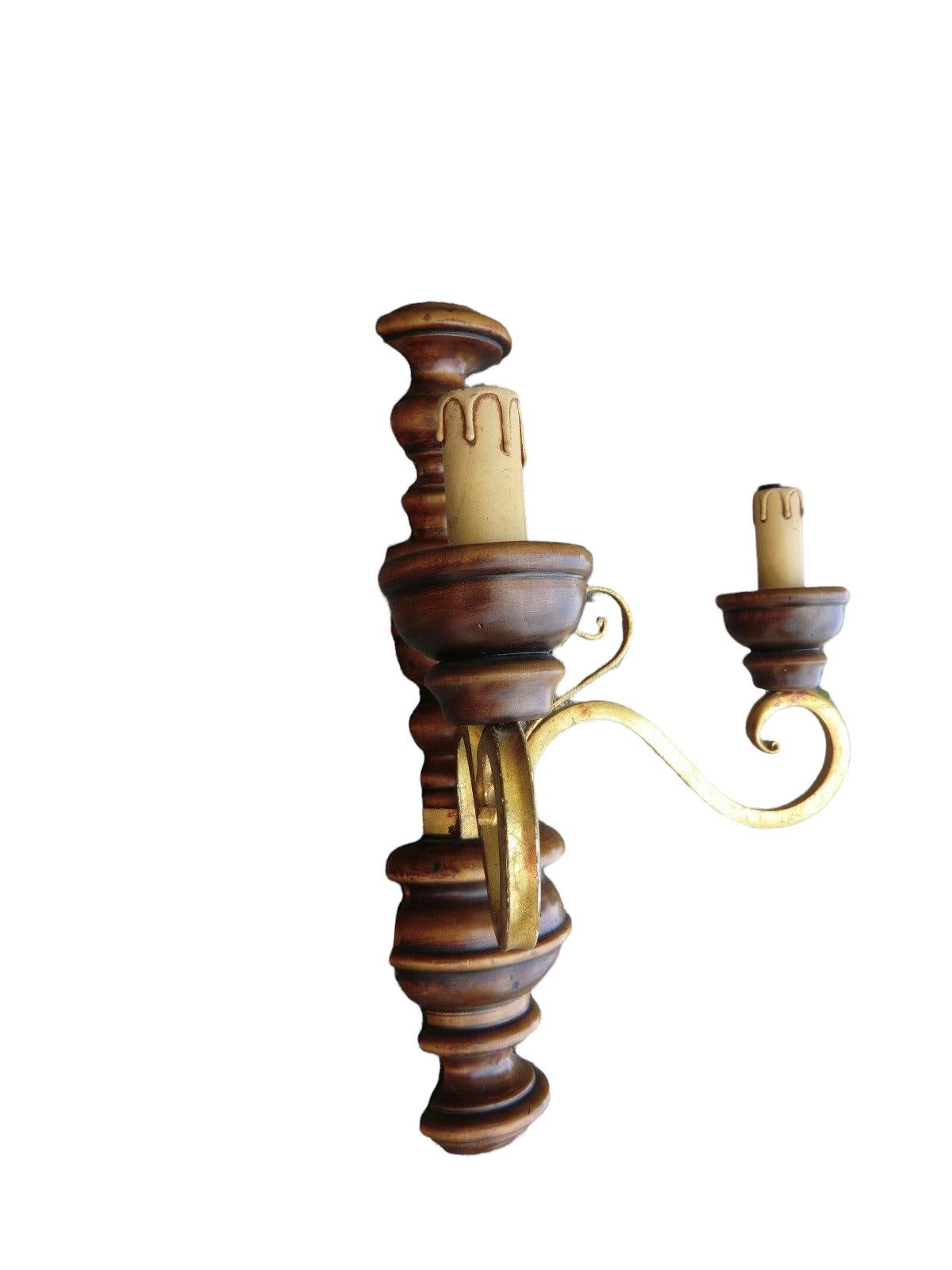 Pair of Wood and Gild Rustic Sconces Wood, 1960s, Germany For Sale 6