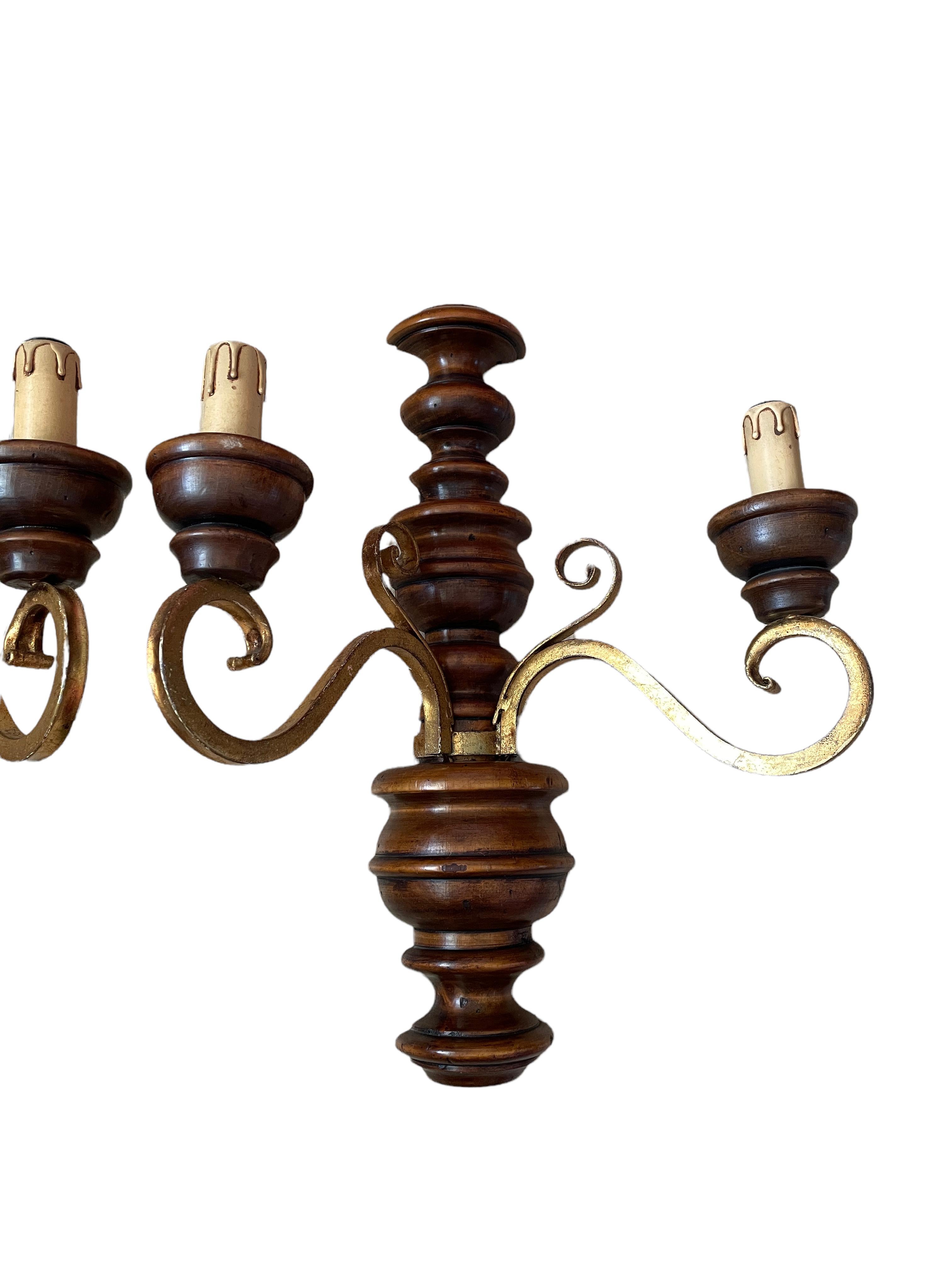 Mid-20th Century Pair of Wood and Gild Rustic Sconces Wood, 1960s, Germany For Sale