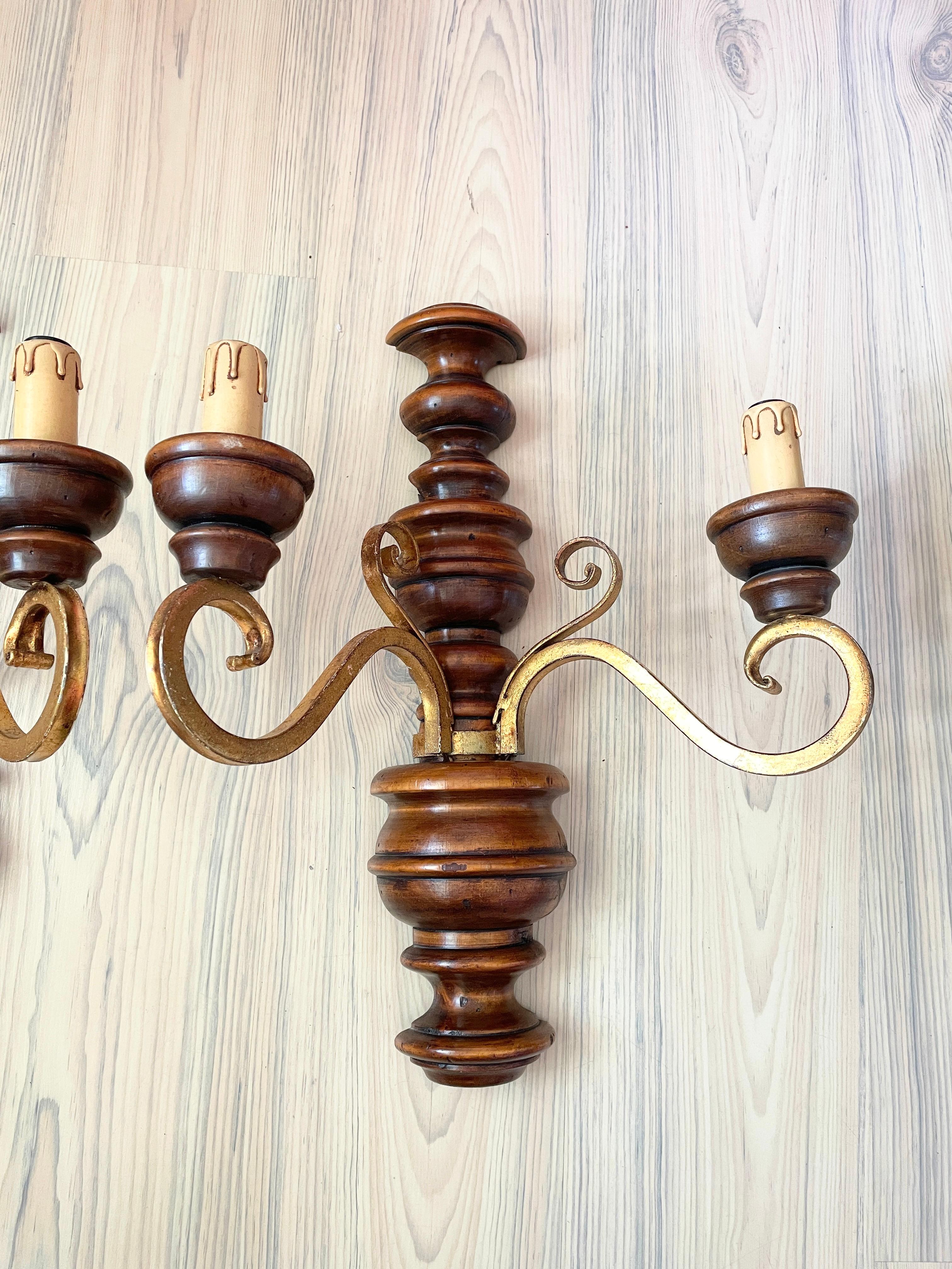 Metal Pair of Wood and Gild Rustic Sconces Wood, 1960s, Germany For Sale
