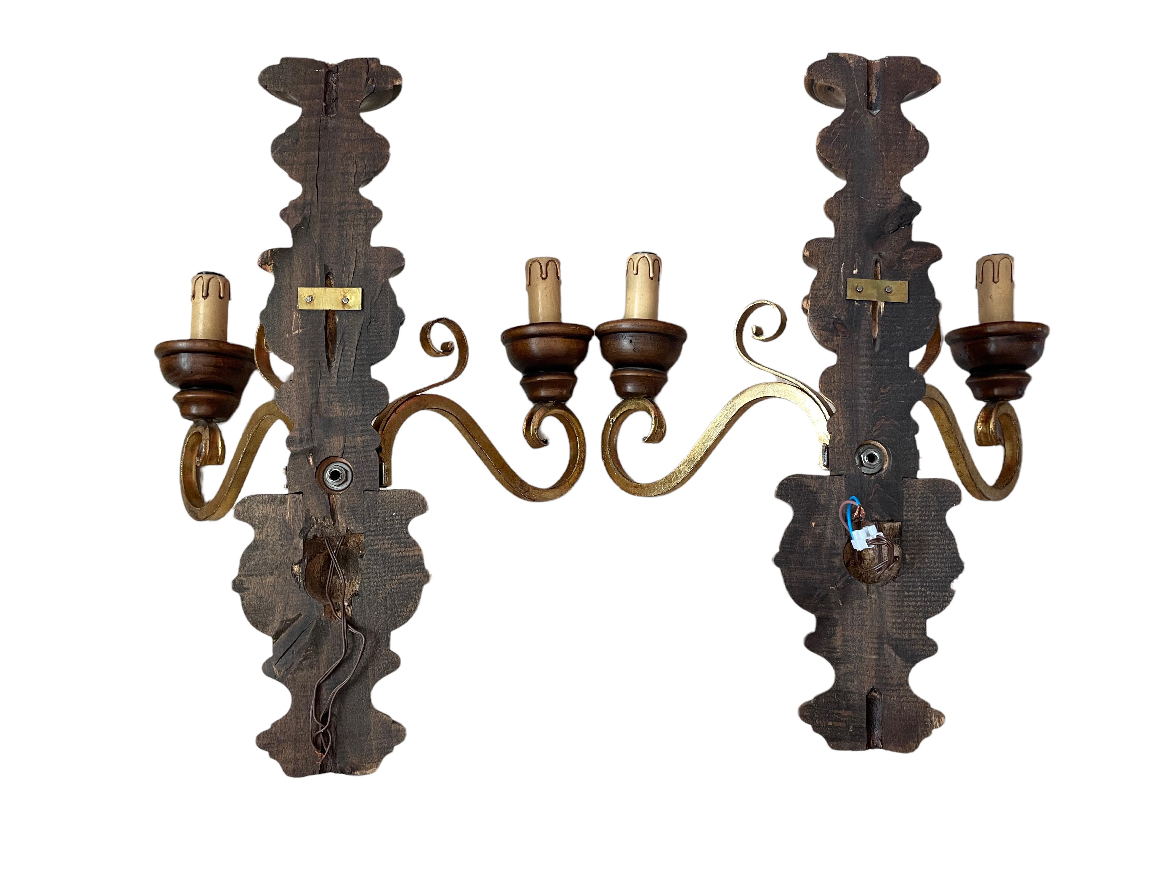 Pair of Wood and Gild Rustic Sconces Wood, 1960s, Germany For Sale 1