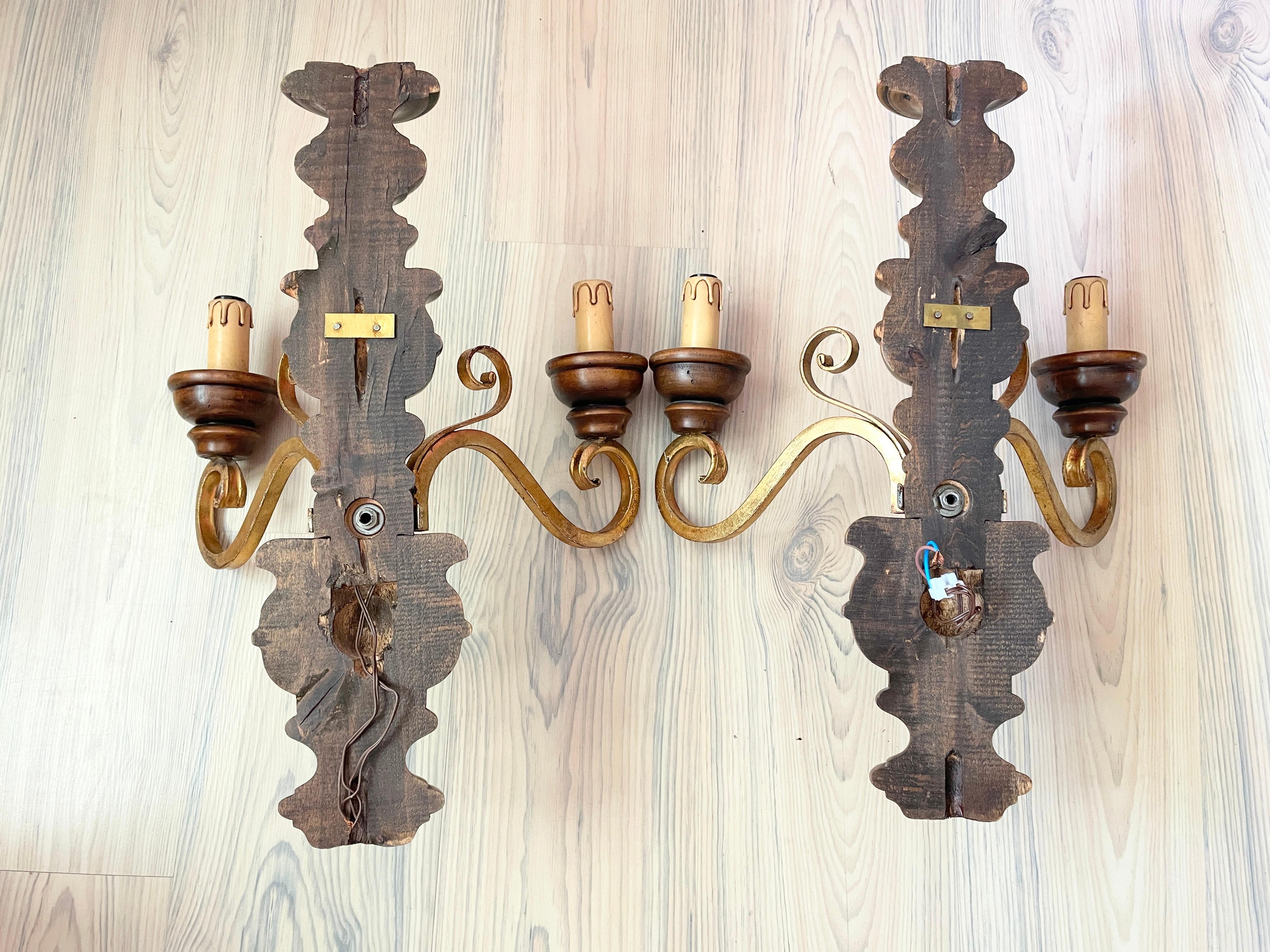 Pair of Wood and Gild Rustic Sconces Wood, 1960s, Germany For Sale 2