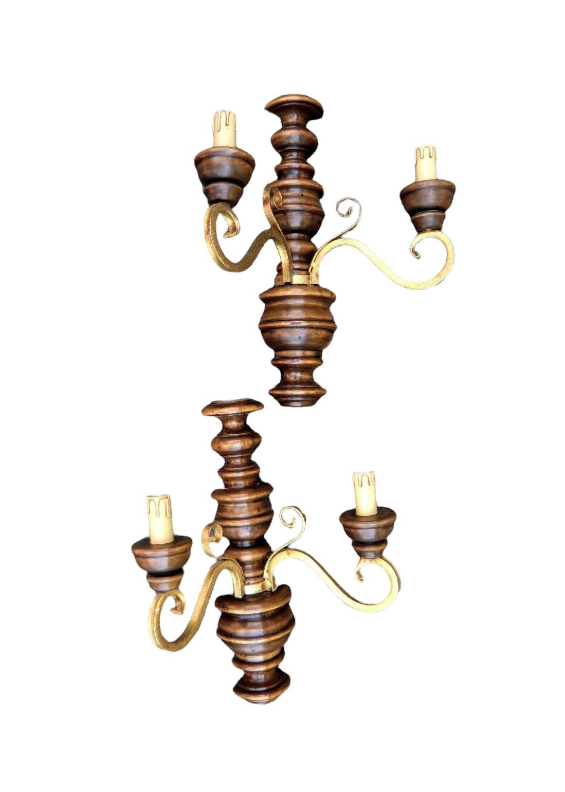 Pair of Wood and Gild Rustic Sconces Wood, 1960s, Germany For Sale 3