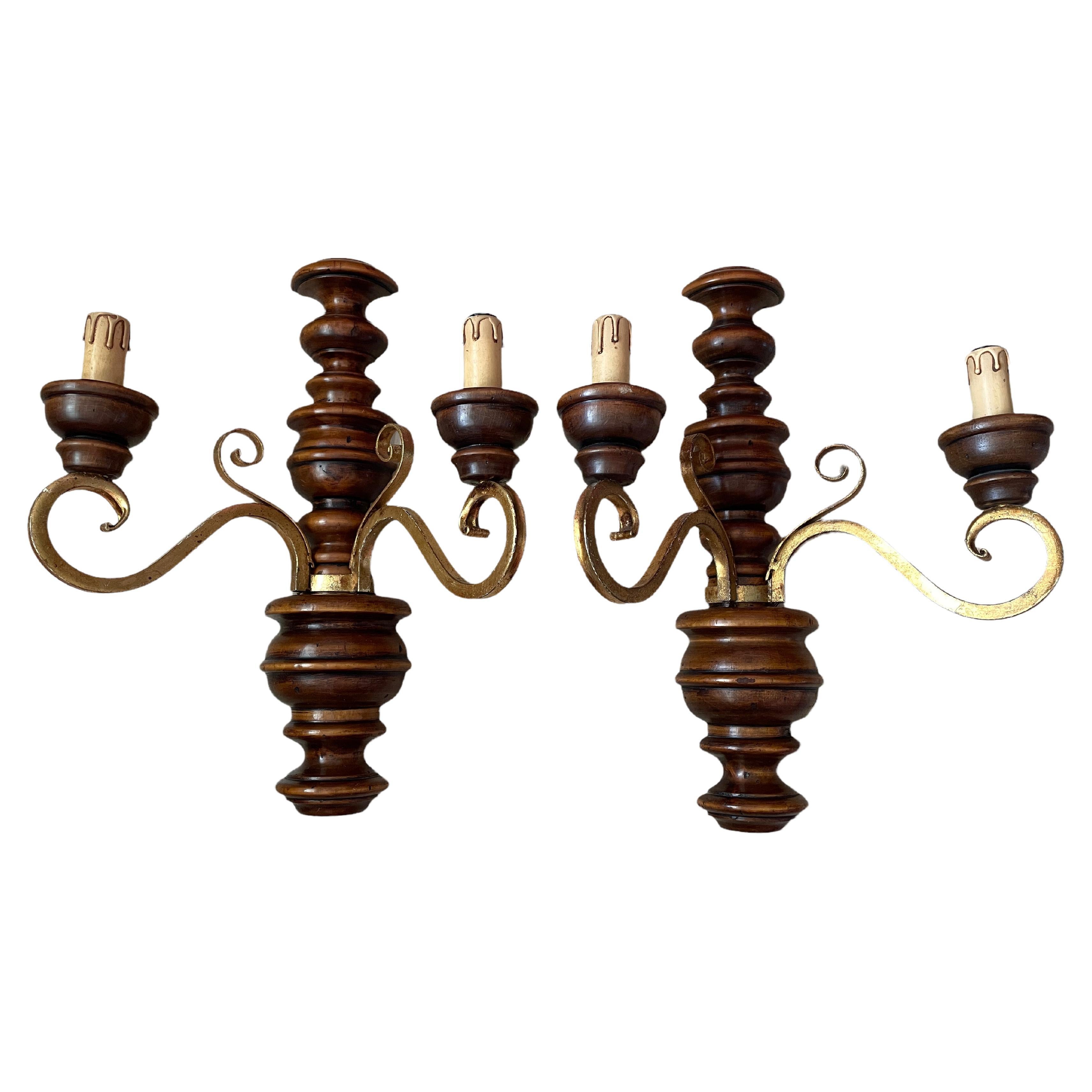 Pair of Wood and Gild Rustic Sconces Wood, 1960s, Germany For Sale