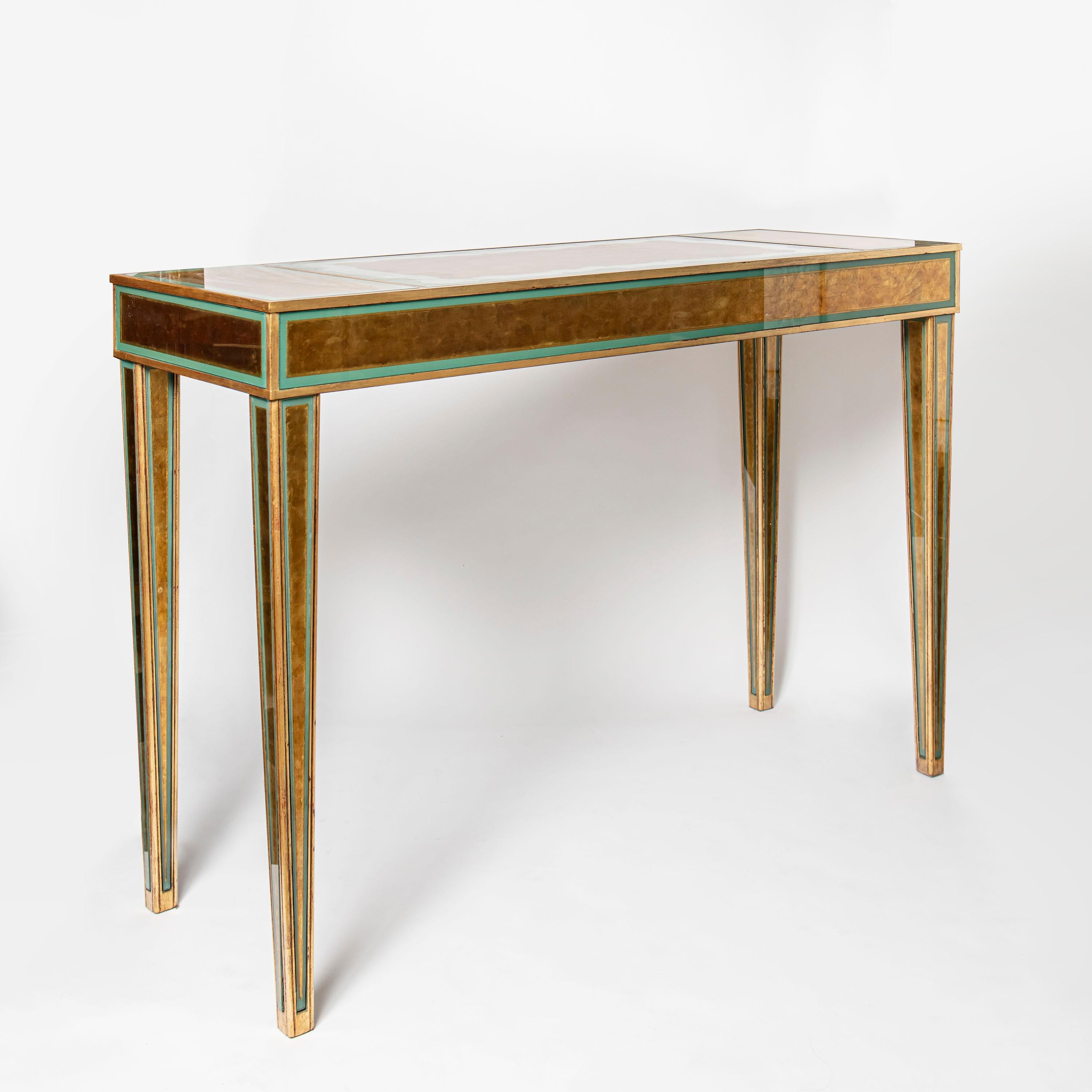 Mid-Century Modern Pair of Wood and Glass Consoles, Attributed to Maison Jansen, France, circa 1940 For Sale