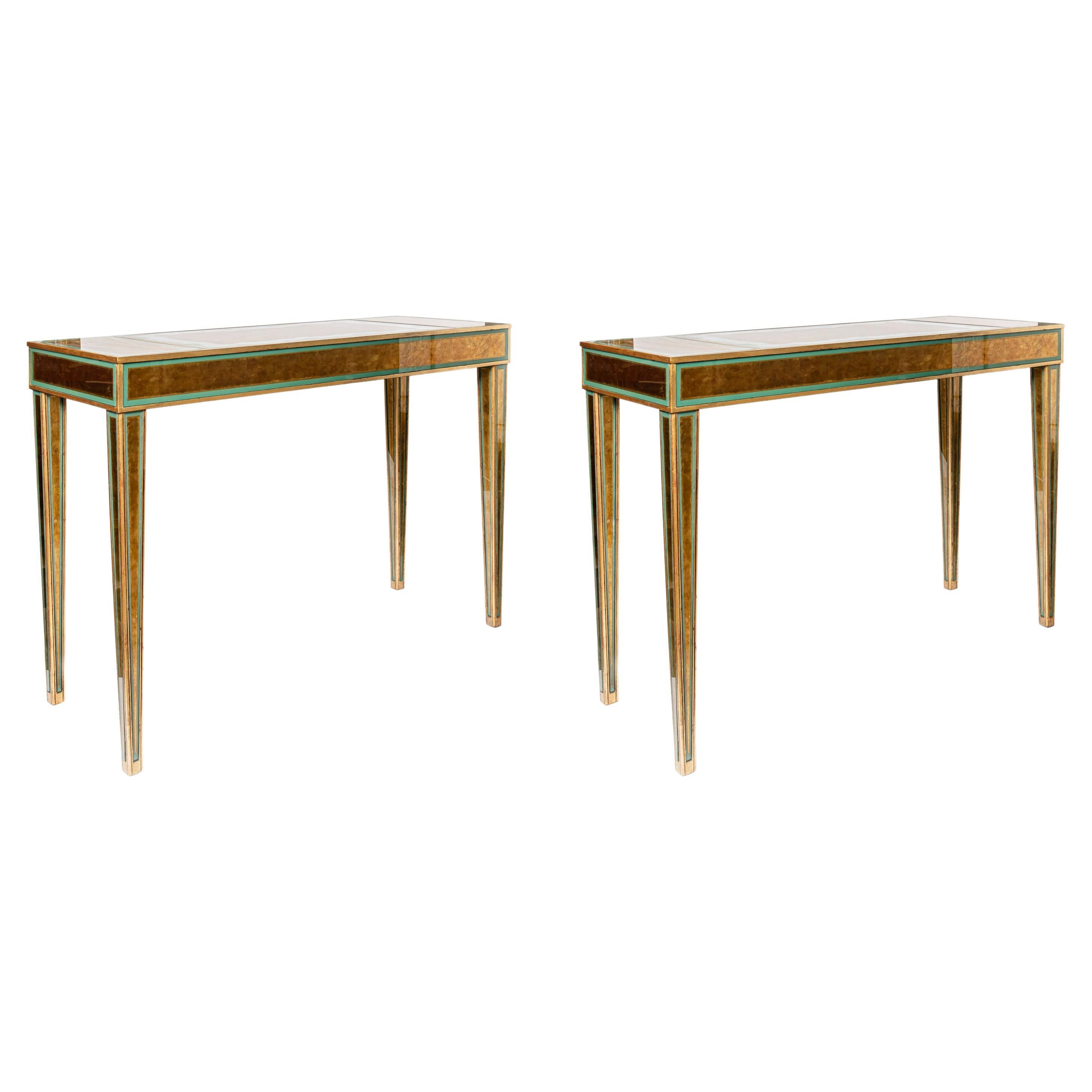 Pair of Wood and Glass Consoles, Attributed to Maison Jansen, France, circa 1940 For Sale