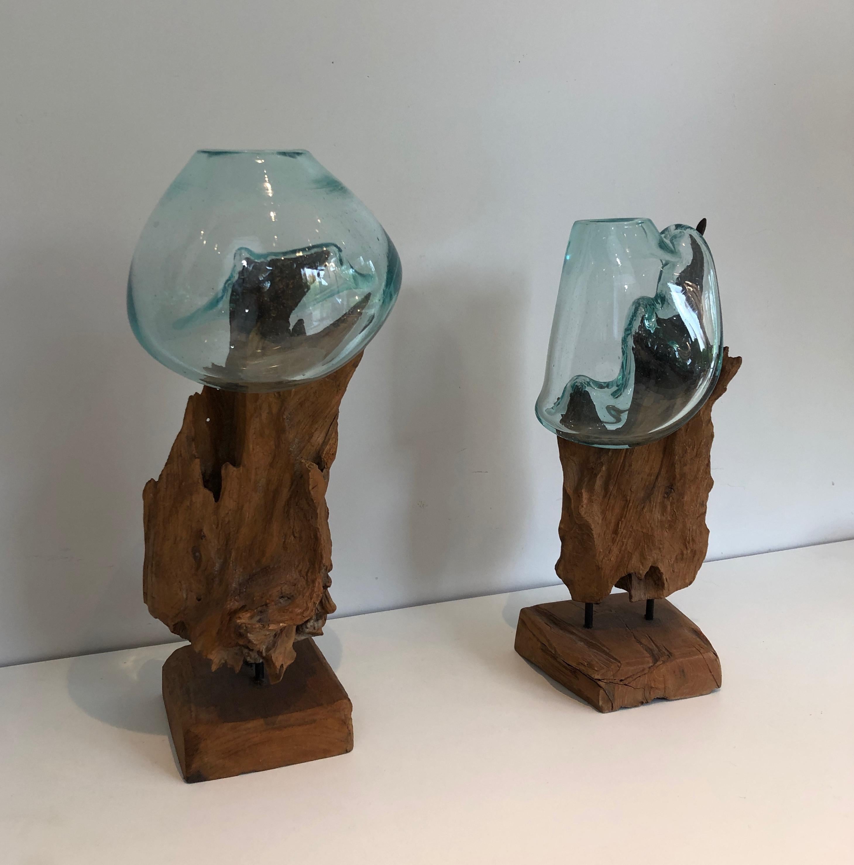 Pair of Wood and Glass Vases For Sale 10
