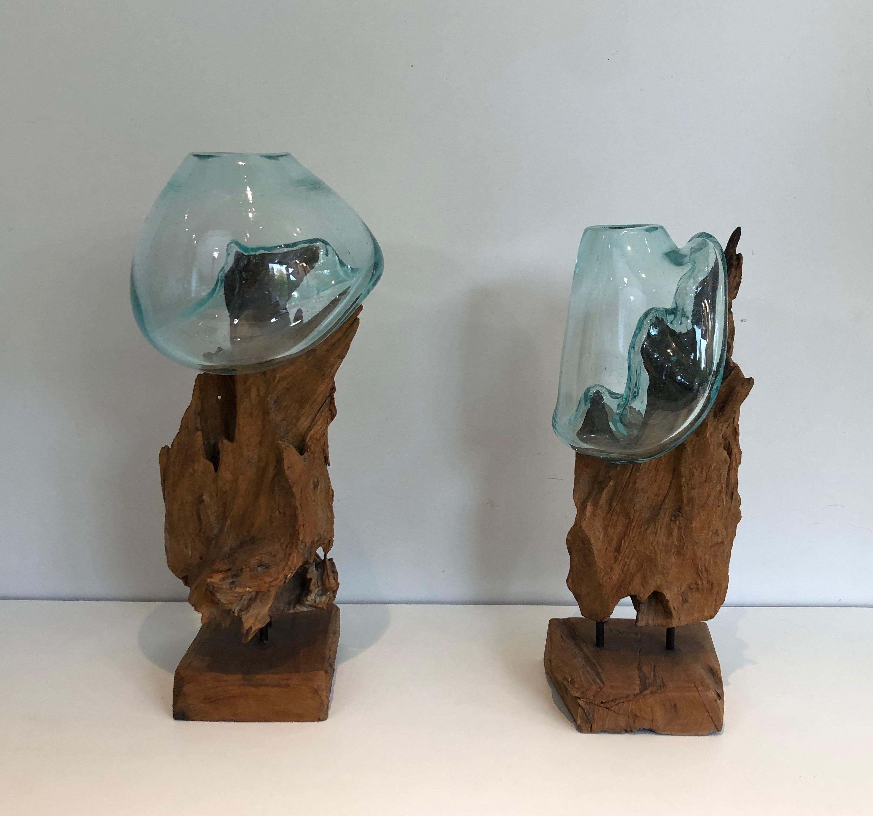 Pair of Wood and Glass Vases For Sale 12