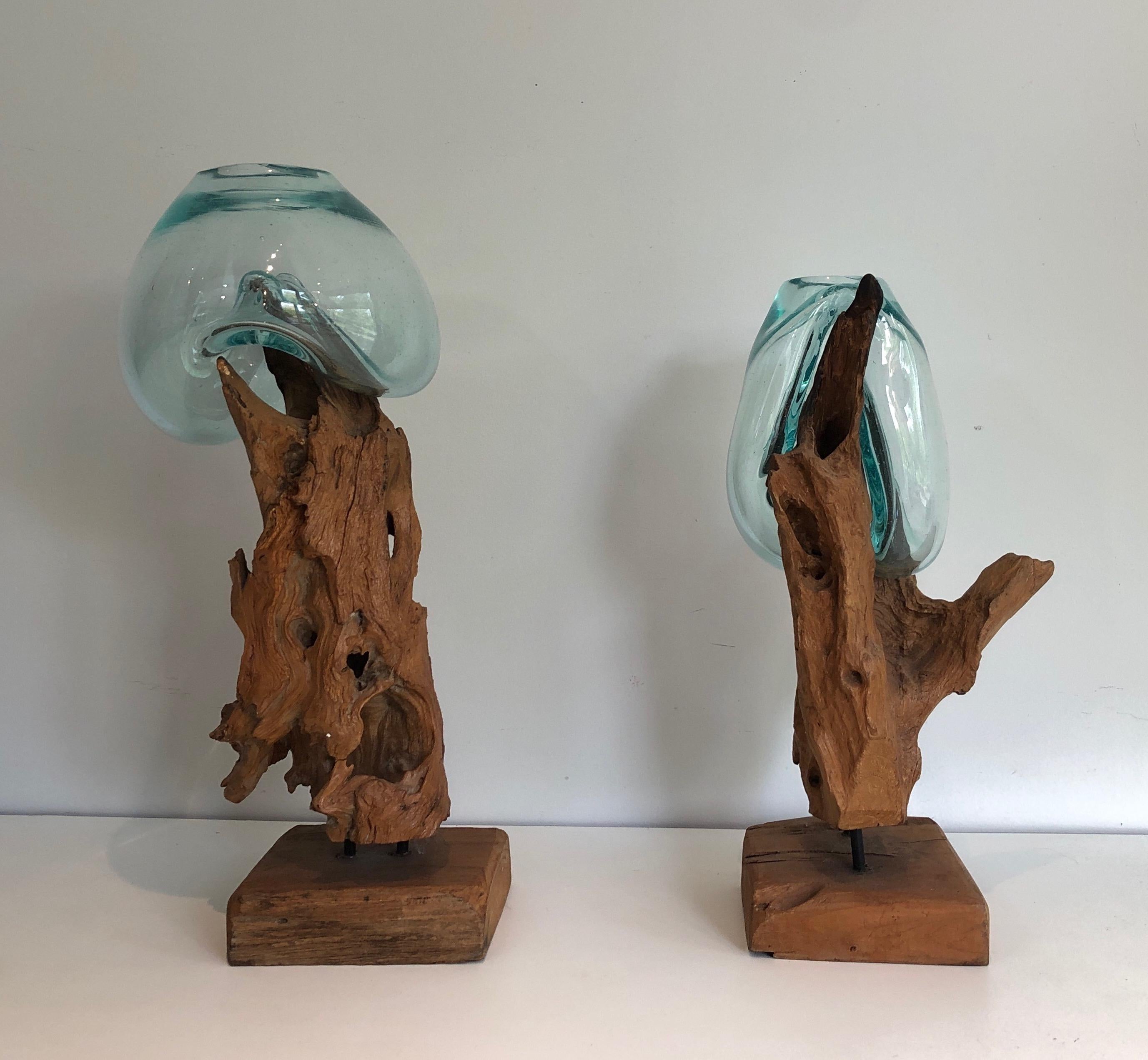 Pair of Wood and Glass Vases For Sale 13