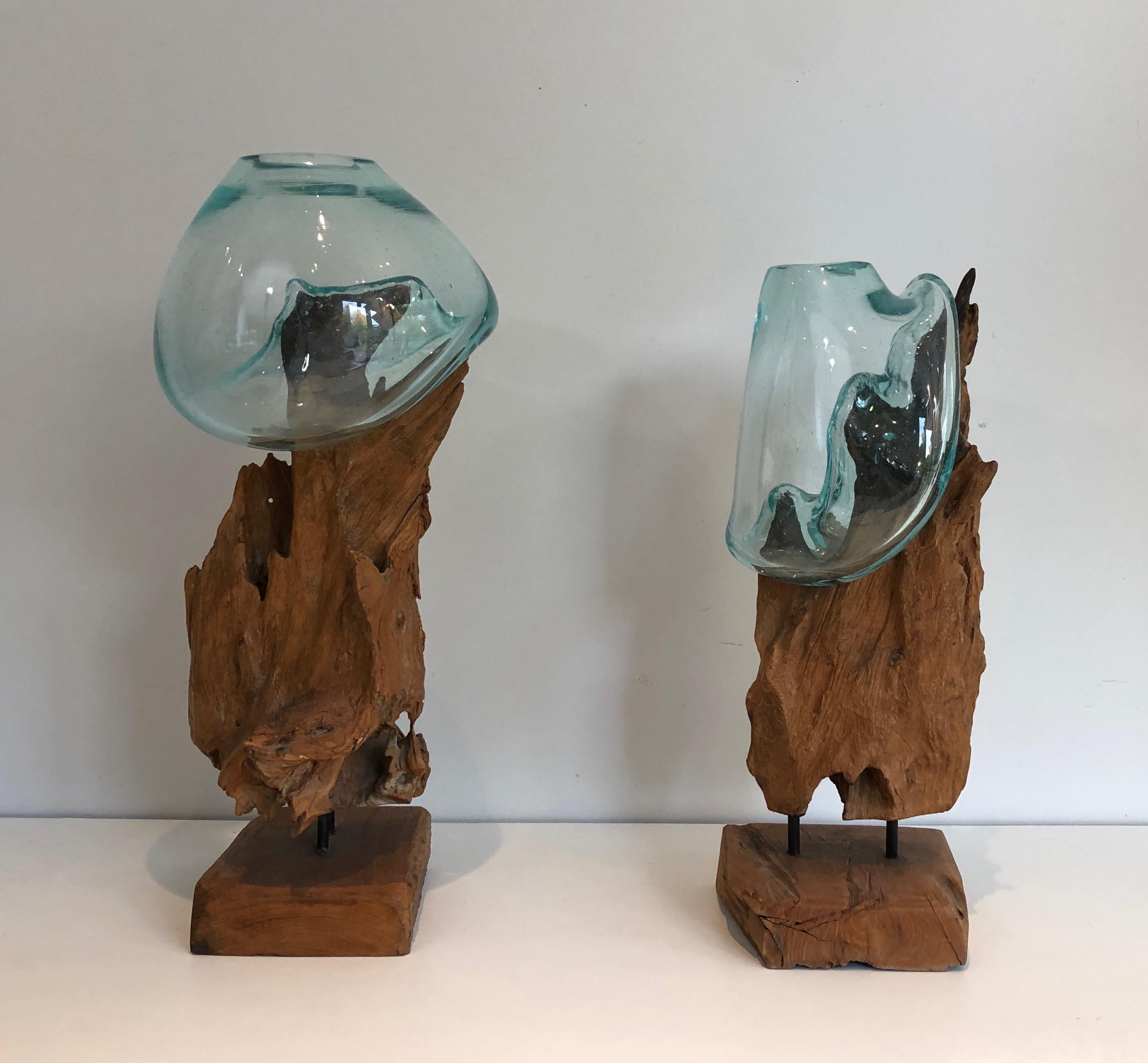 This pair of interesting vases is made of wood elements and glass vases. This is a French work, circa 1980.