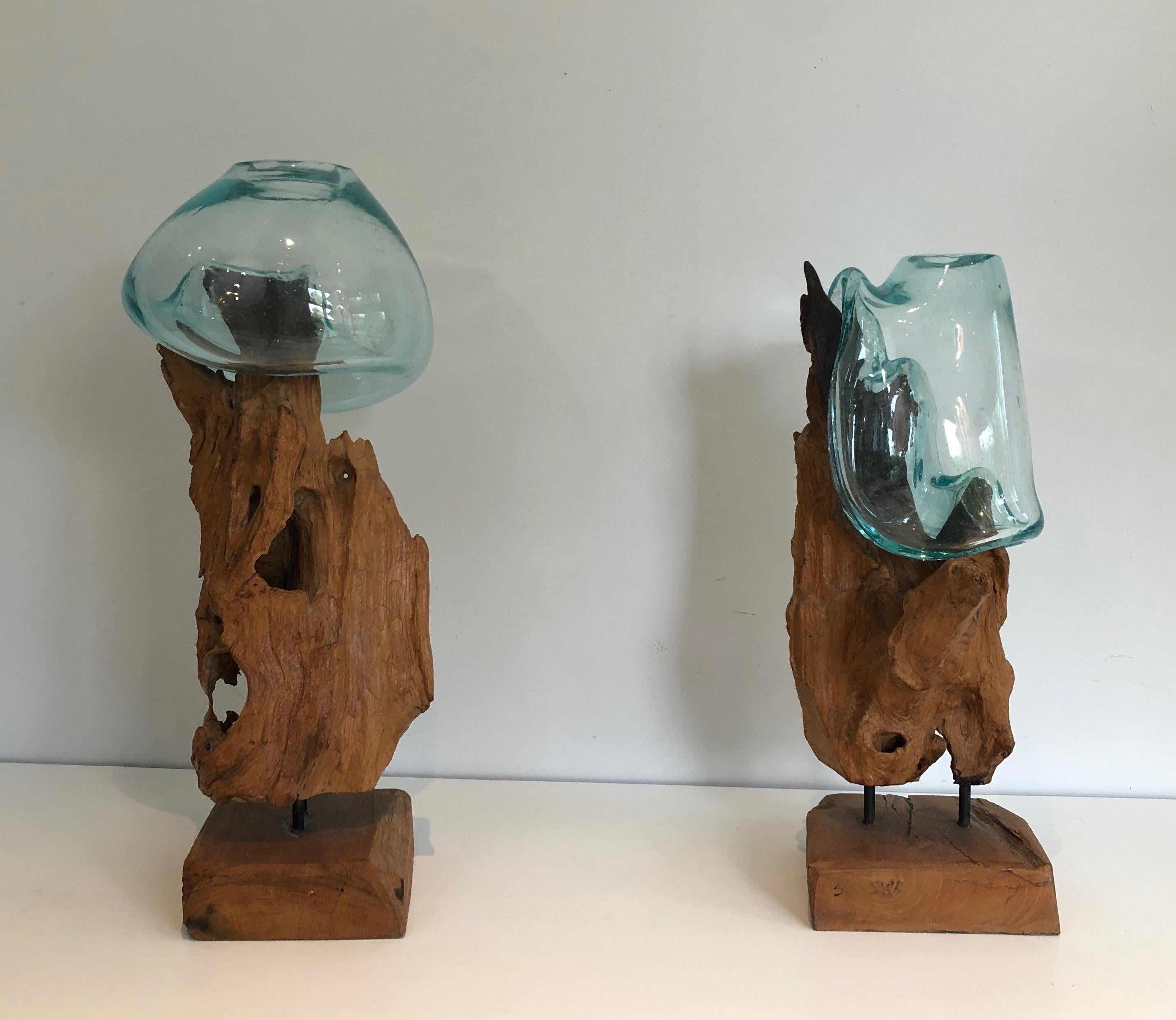 Mid-Century Modern Pair of Wood and Glass Vases For Sale